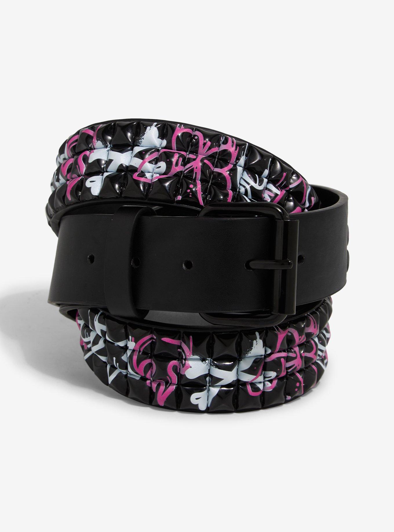 Pink & White Graffiti Three Row Pyramid Stud Belt, , hi-res