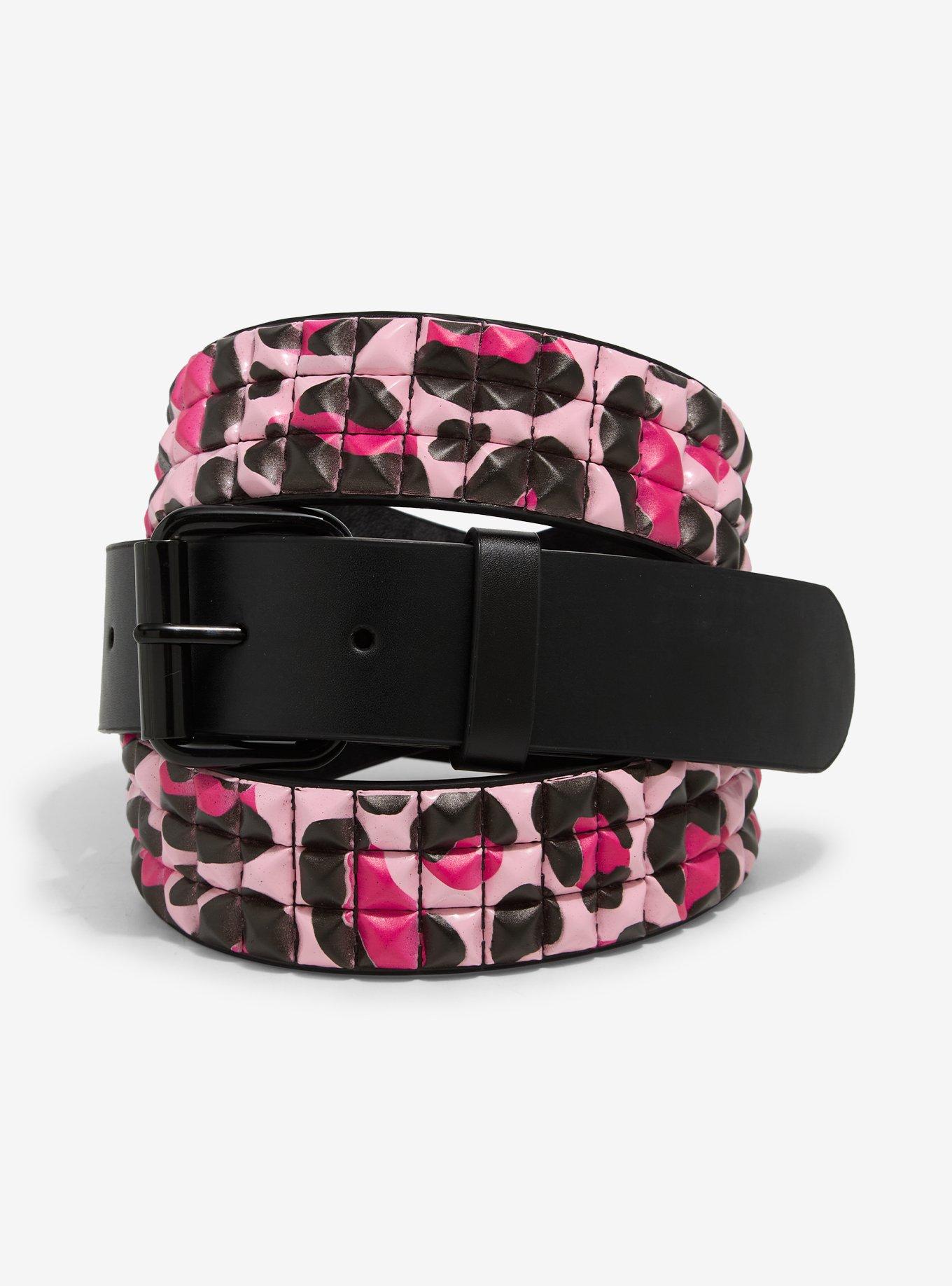 Pink Leopard Three Row Pyramid Stud Belt, , hi-res