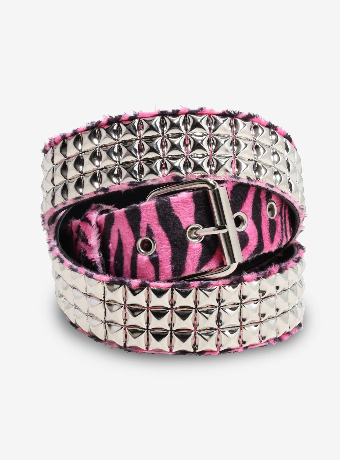 Pink Zebra Three Row Pyramid Stud Belt, , hi-res