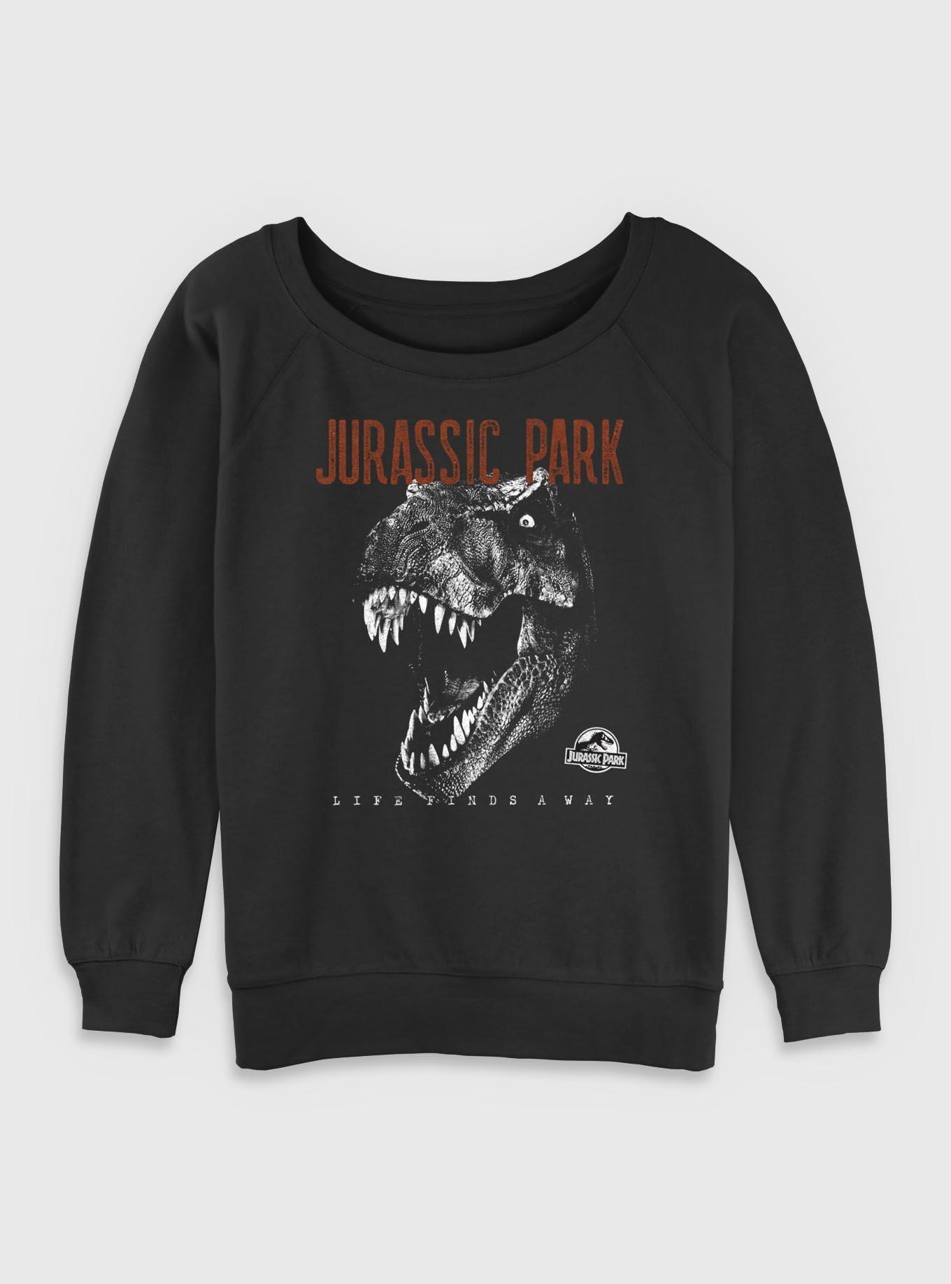 Jurassic Park T-Rex Life Finds A Way Girls Slouchy Sweatshirt BoxLunch Exclusive, BLACK, hi-res