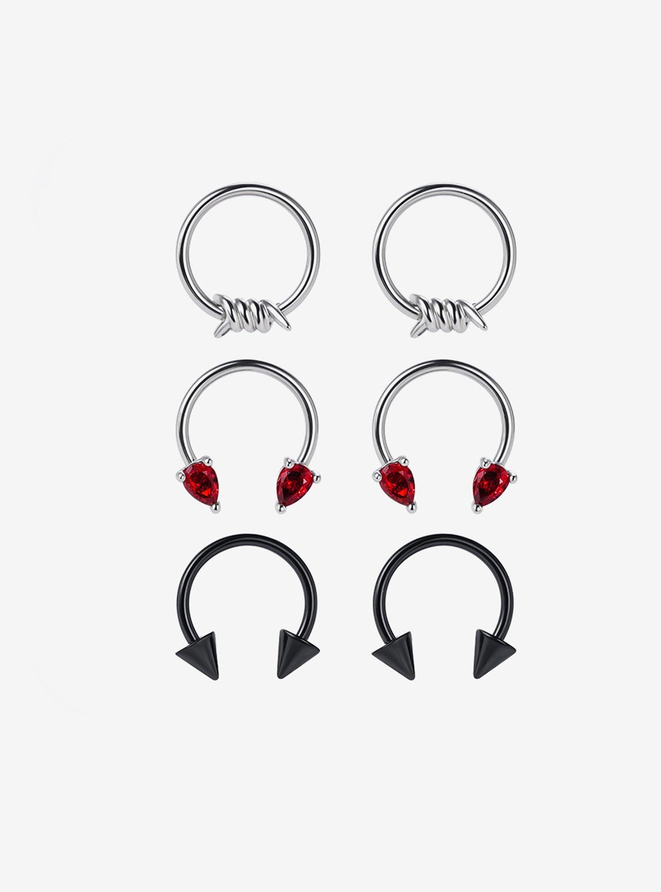 Steel Barbed Wire Red Gem Circular Barbell & Captive Hoop 6 Pack