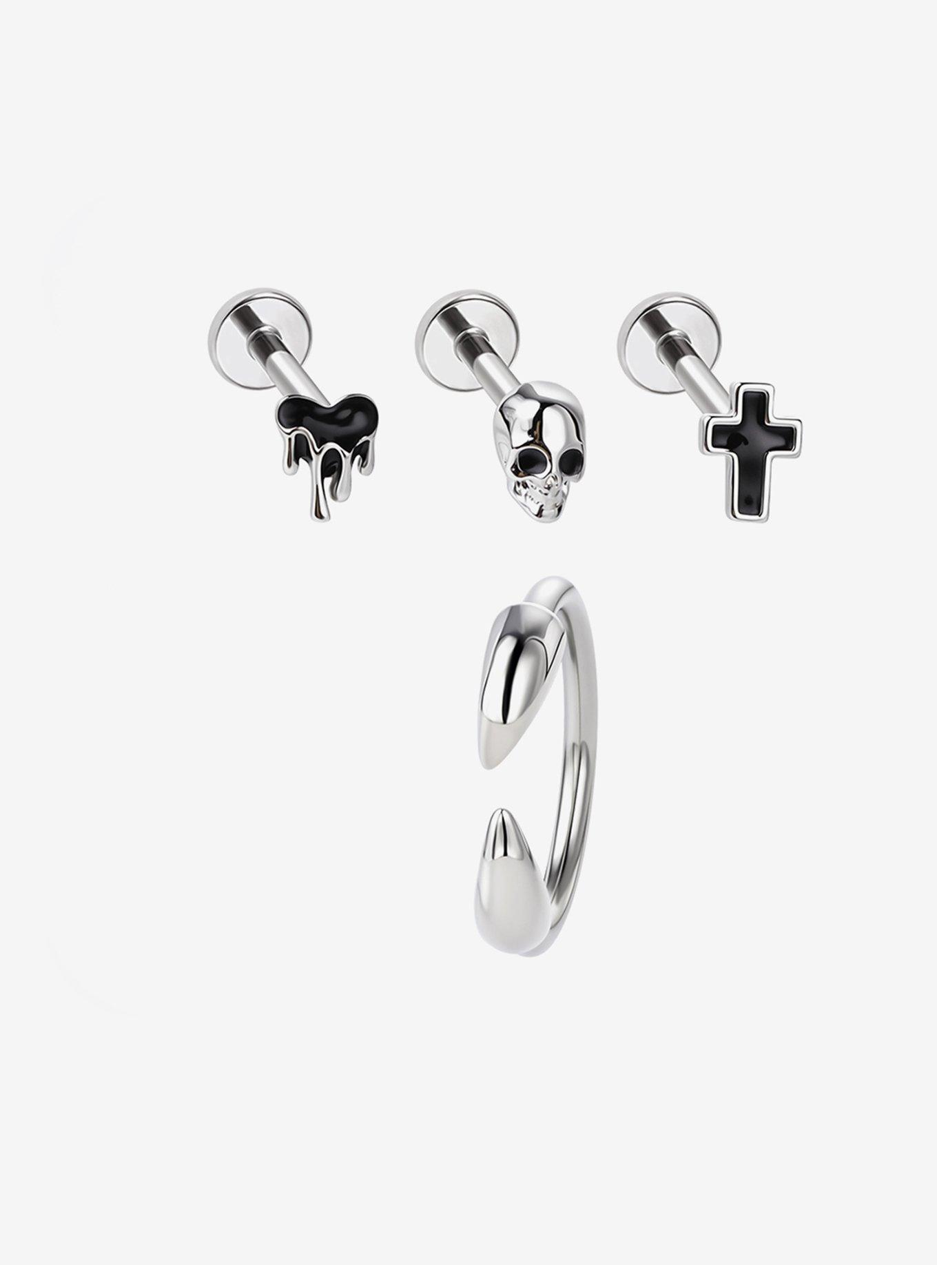 Steel Skull Cross Heart Labret Stud & Circular Barbell 4 Pack, , hi-res