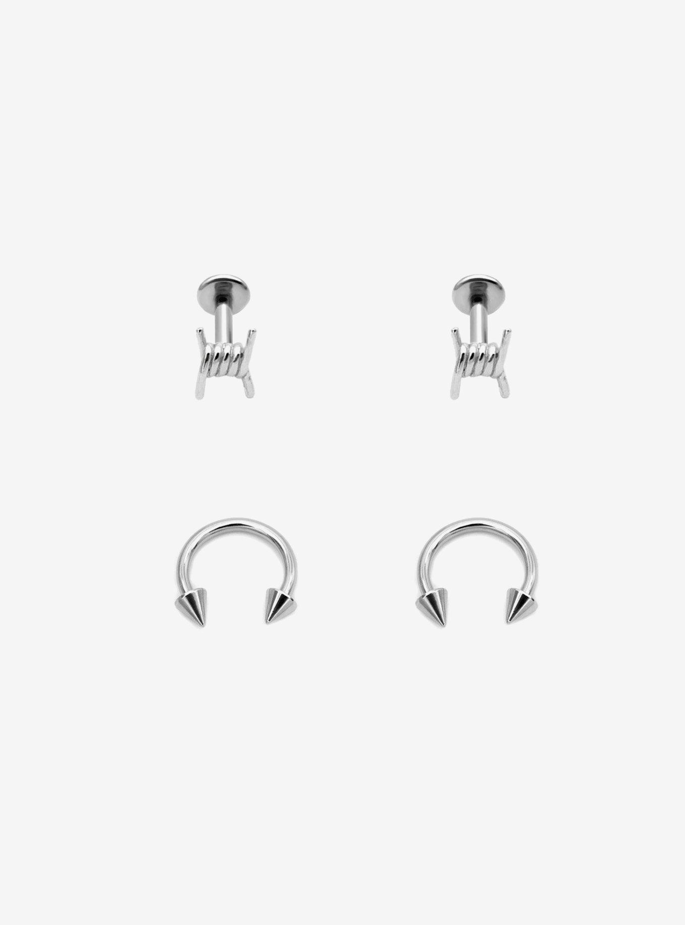 16G Steel Silver Barbed Wire & Spike Labret Stud & Circular Barbell 4 Pack, , hi-res