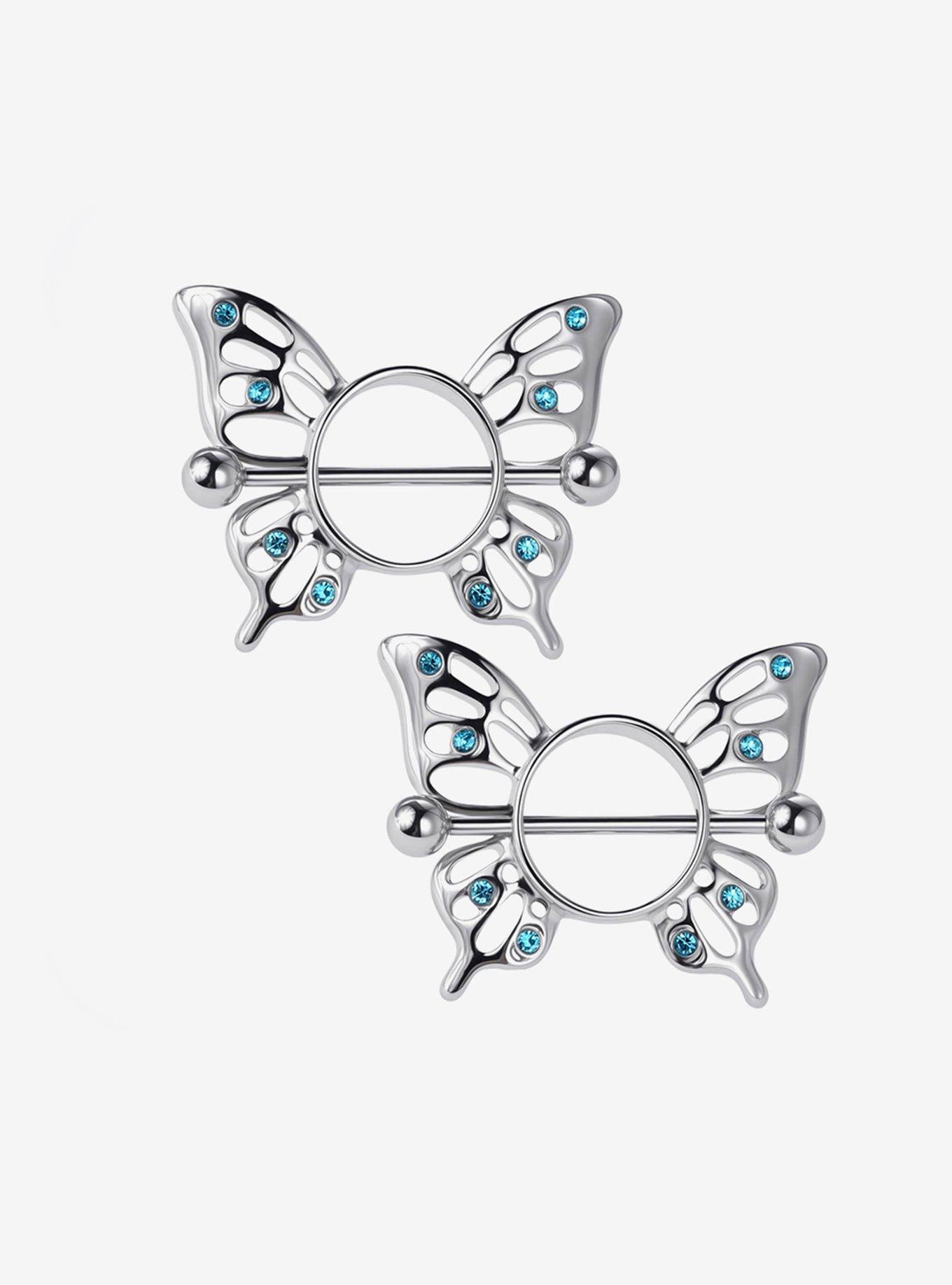 Steel Butterfly Bling Nipple Barbell 2 Pack, , hi-res