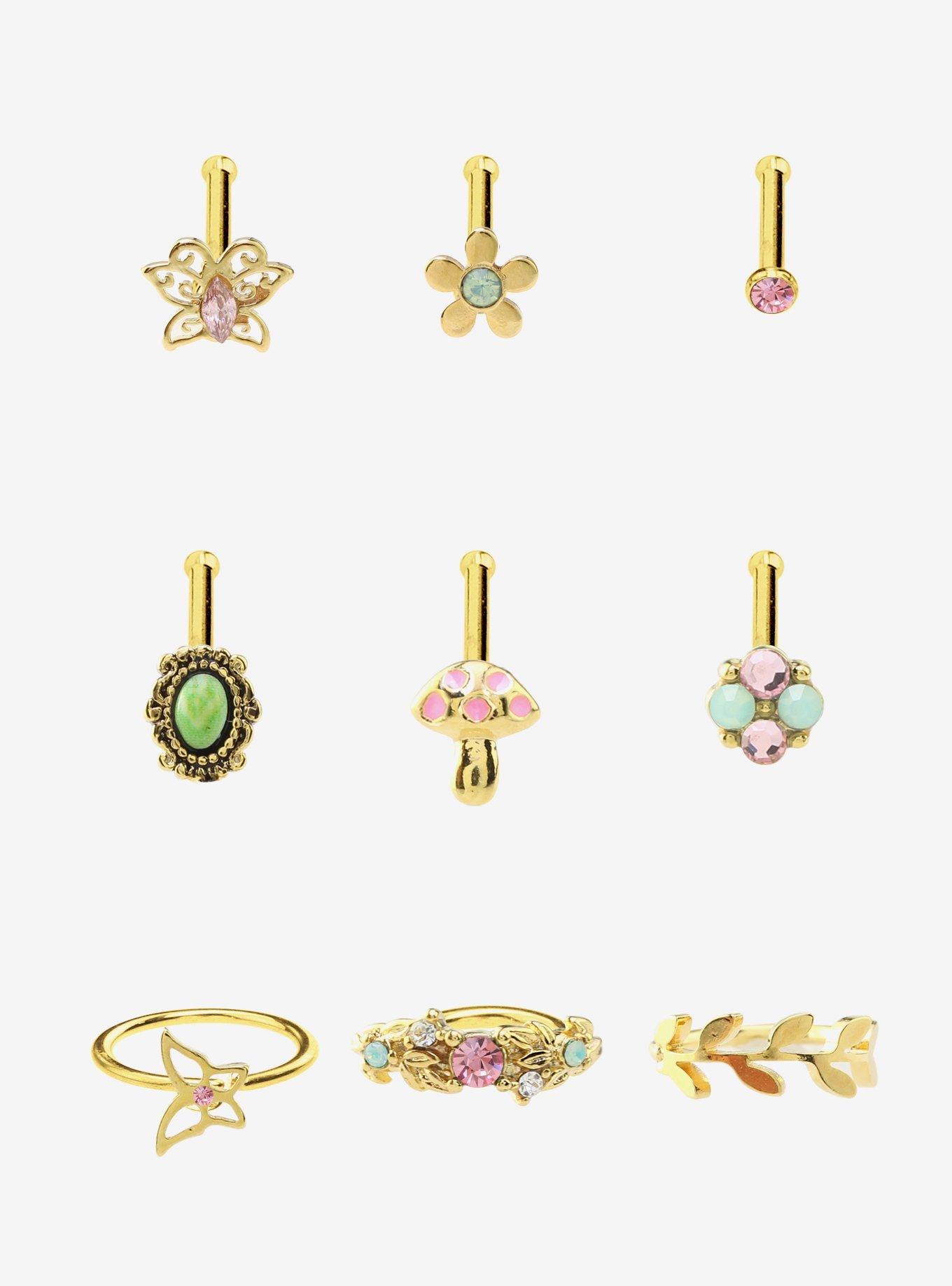 Steel Pastel Flower Butterfly Nose Stud & Hoop 9 Pack, , hi-res
