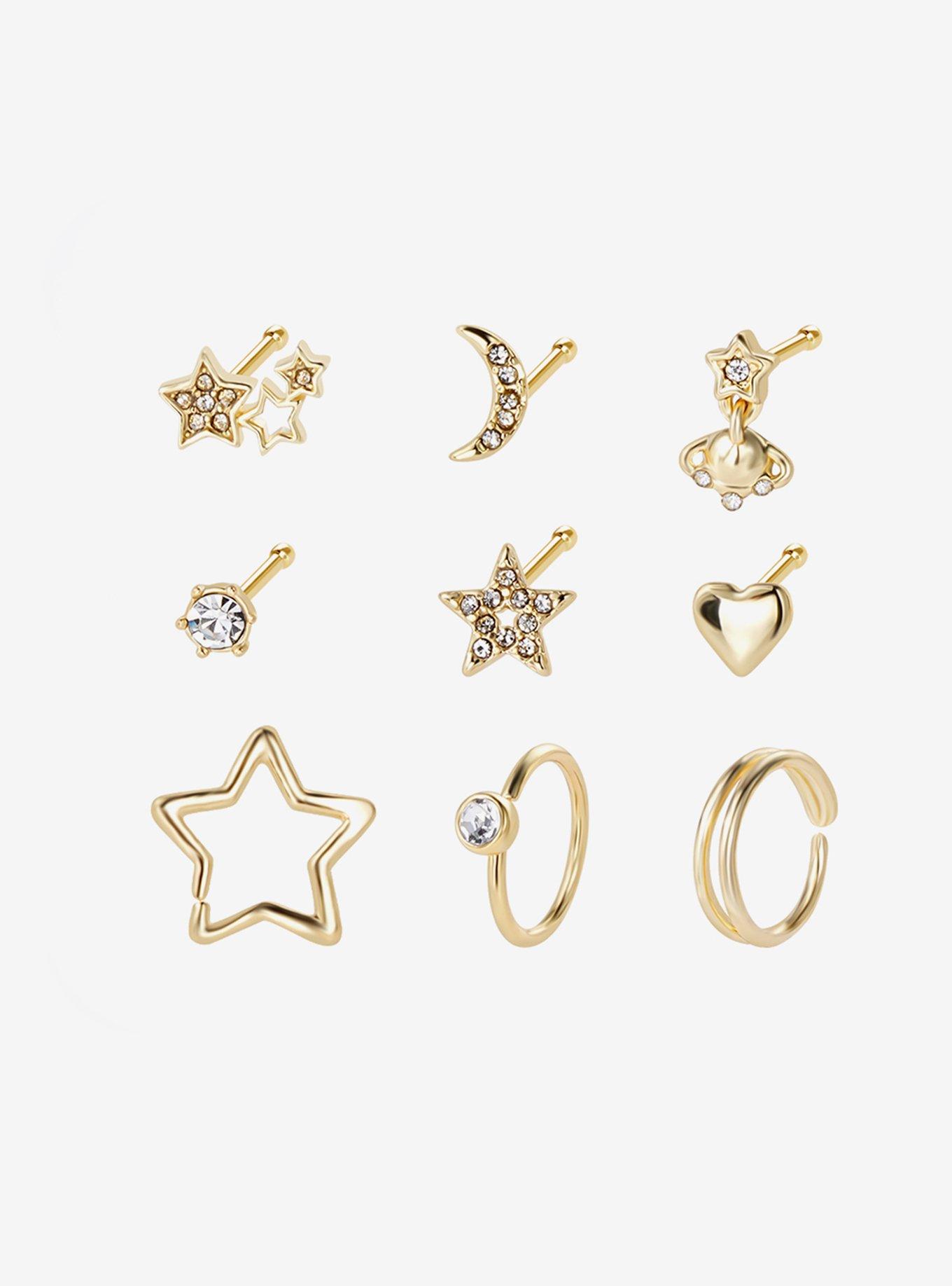 Steel Gold Star Nose Stud & Hoop 9 Pack, , hi-res
