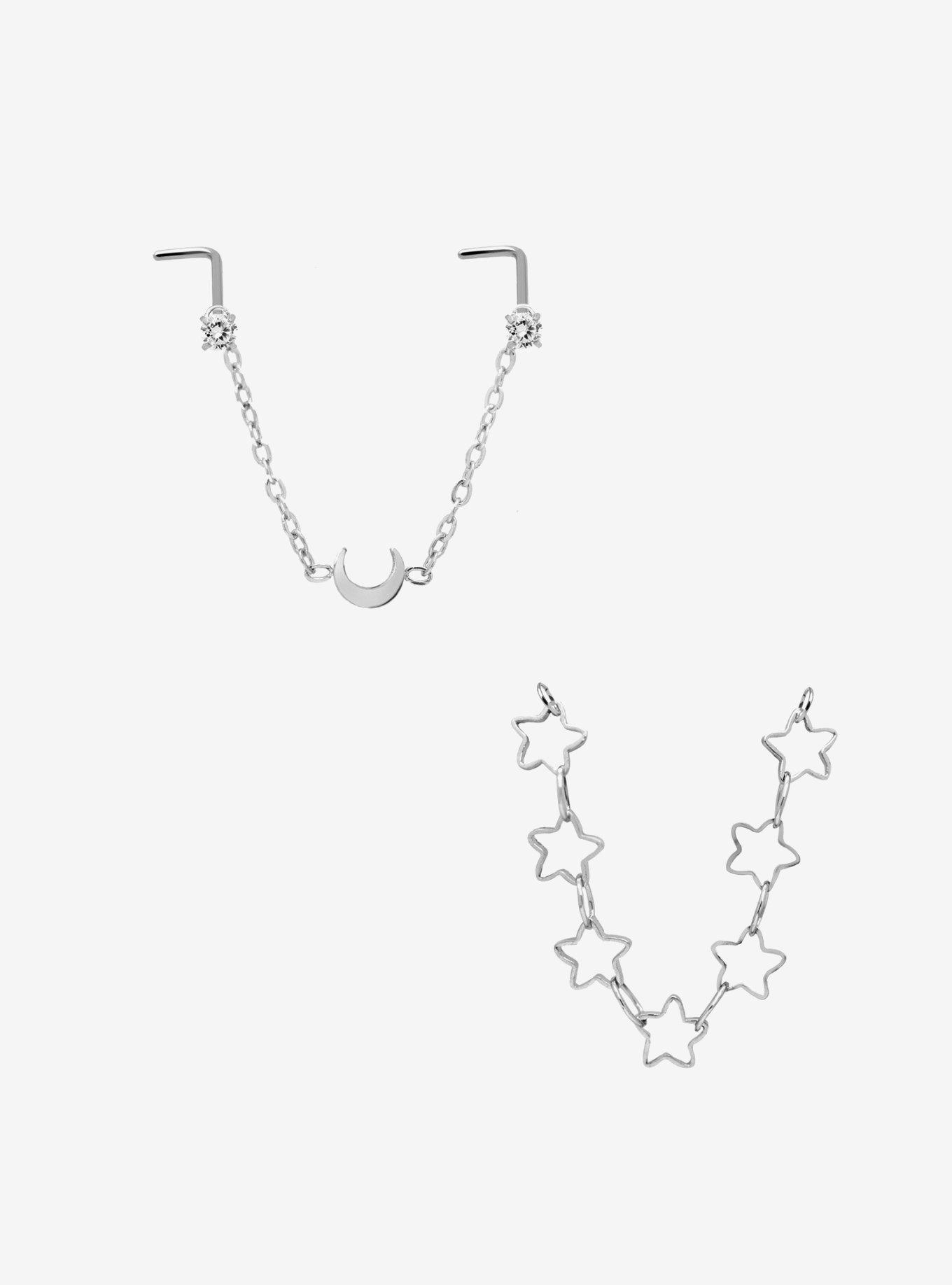 Steel Silver Celestial Nose Chain Stud, , hi-res