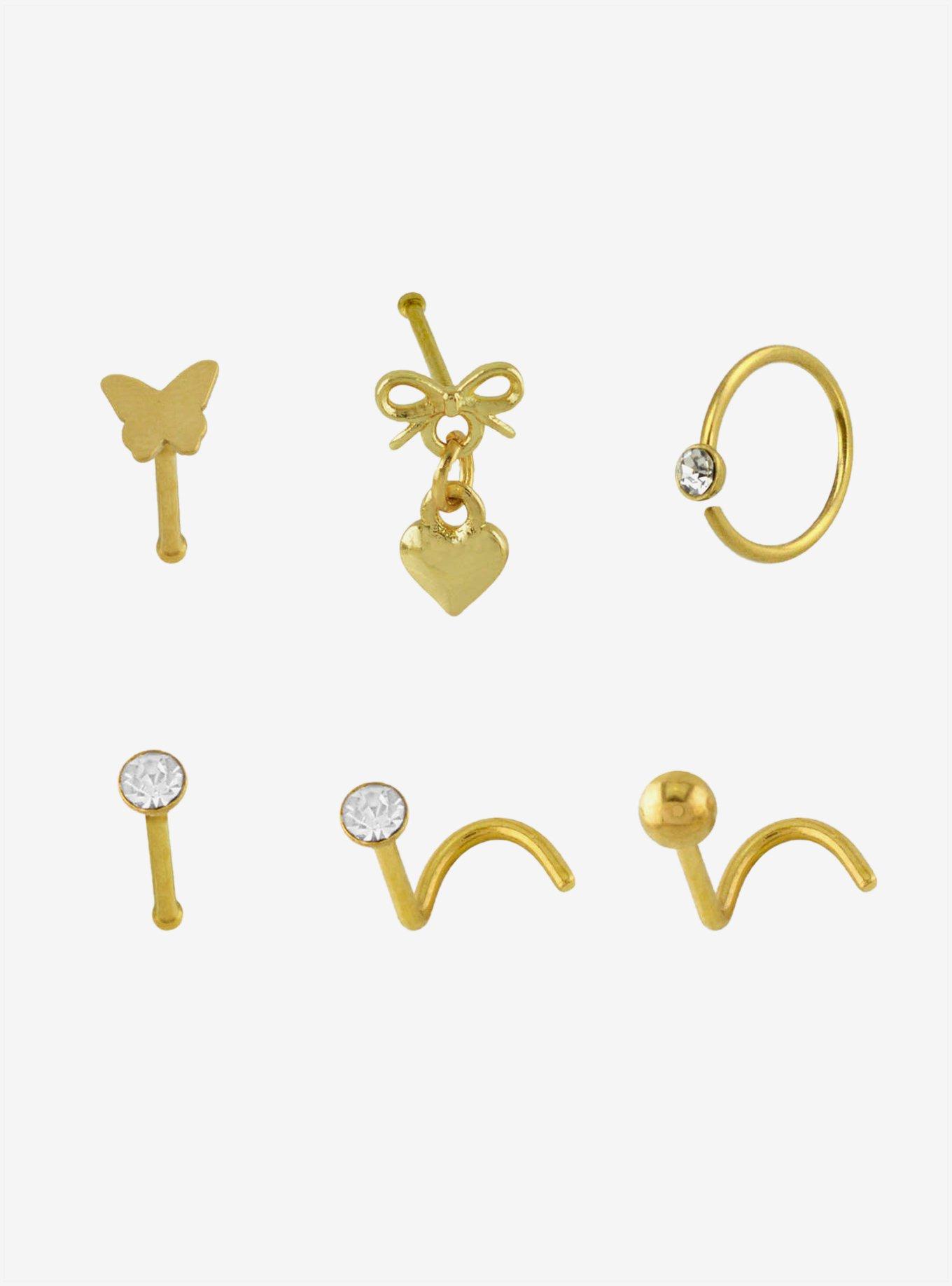 Steel Bow Butterfly Gem Nose Stud & Hoop 6 Pack, , hi-res