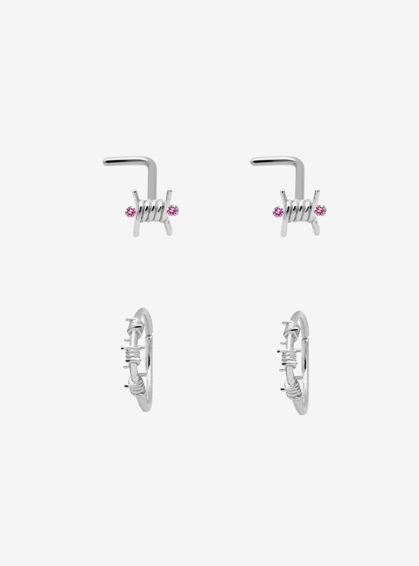 Steel Silver Barbed Wire Nose Stud & Hoop 4 Pack, , hi-res