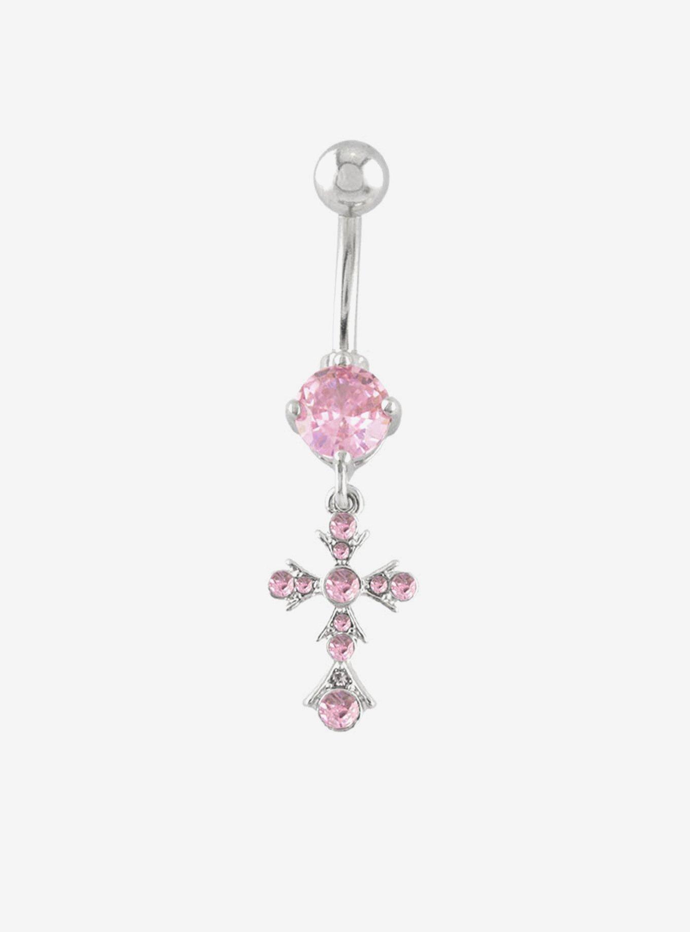 Titanium Pink Bling Cross Navel Barbell, , hi-res