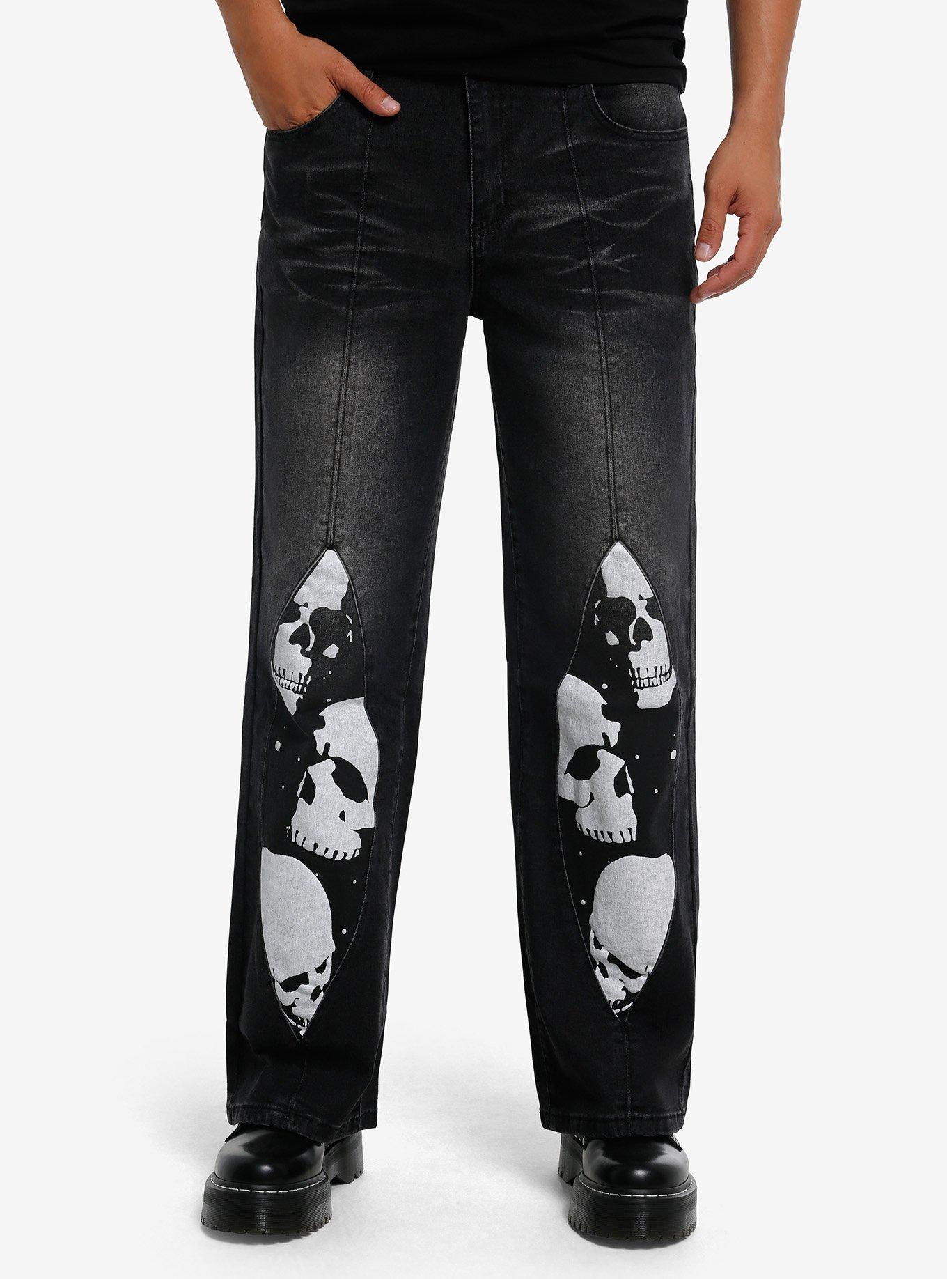Black Skull Peekaboo Straight Leg Jeans, , hi-res