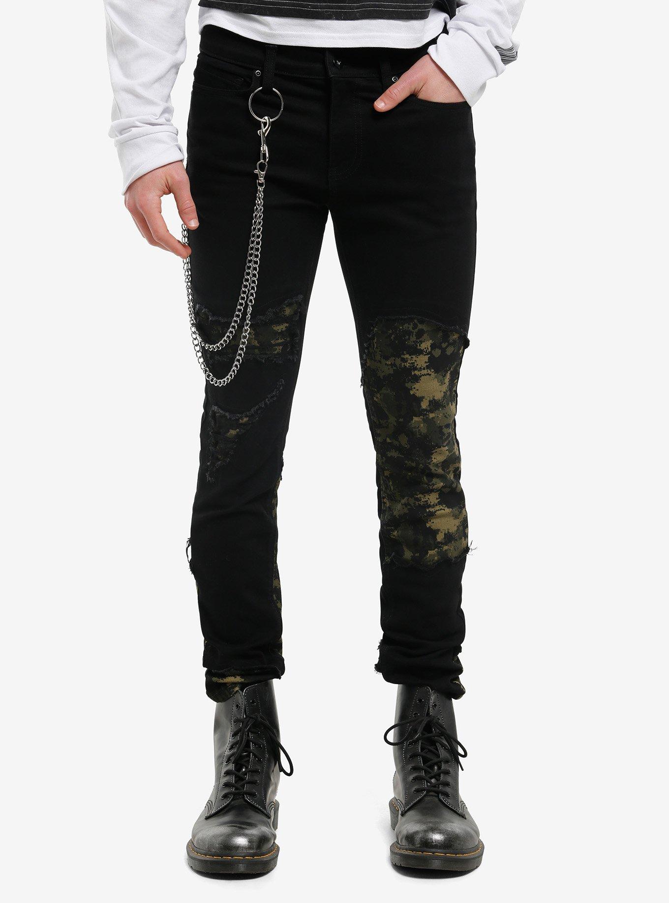 Black & Green Camouflage Side Chain Stinger Jeans, , hi-res