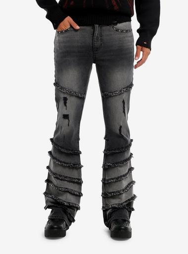Dismantle Faded Black Frayed & Studded Wide Flare Jeans | Hot Topic