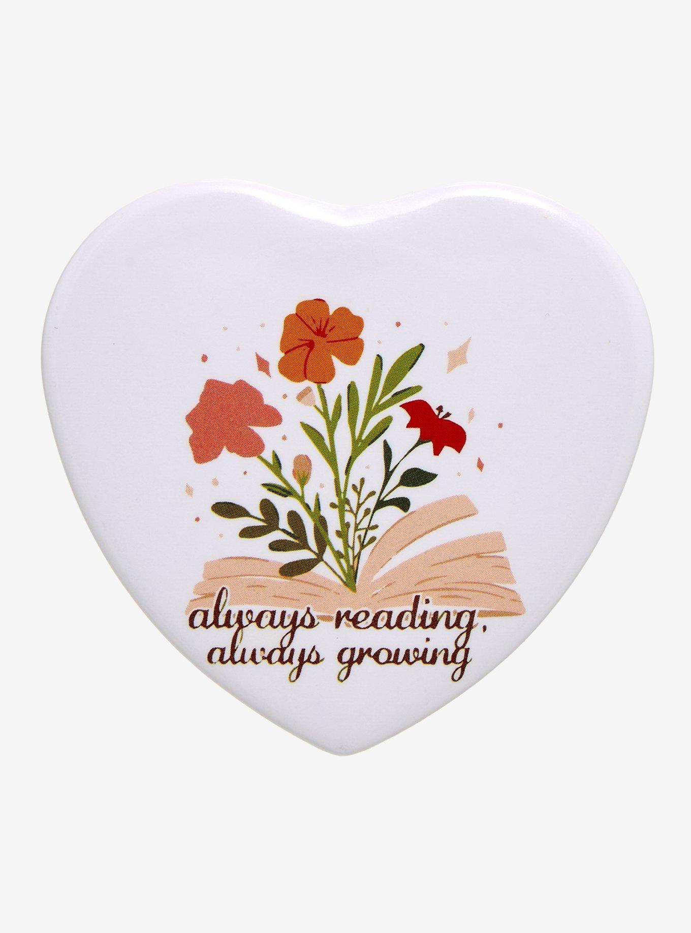 Always Reading, Always Growing Heart-Shaped Button Pin, , hi-res
