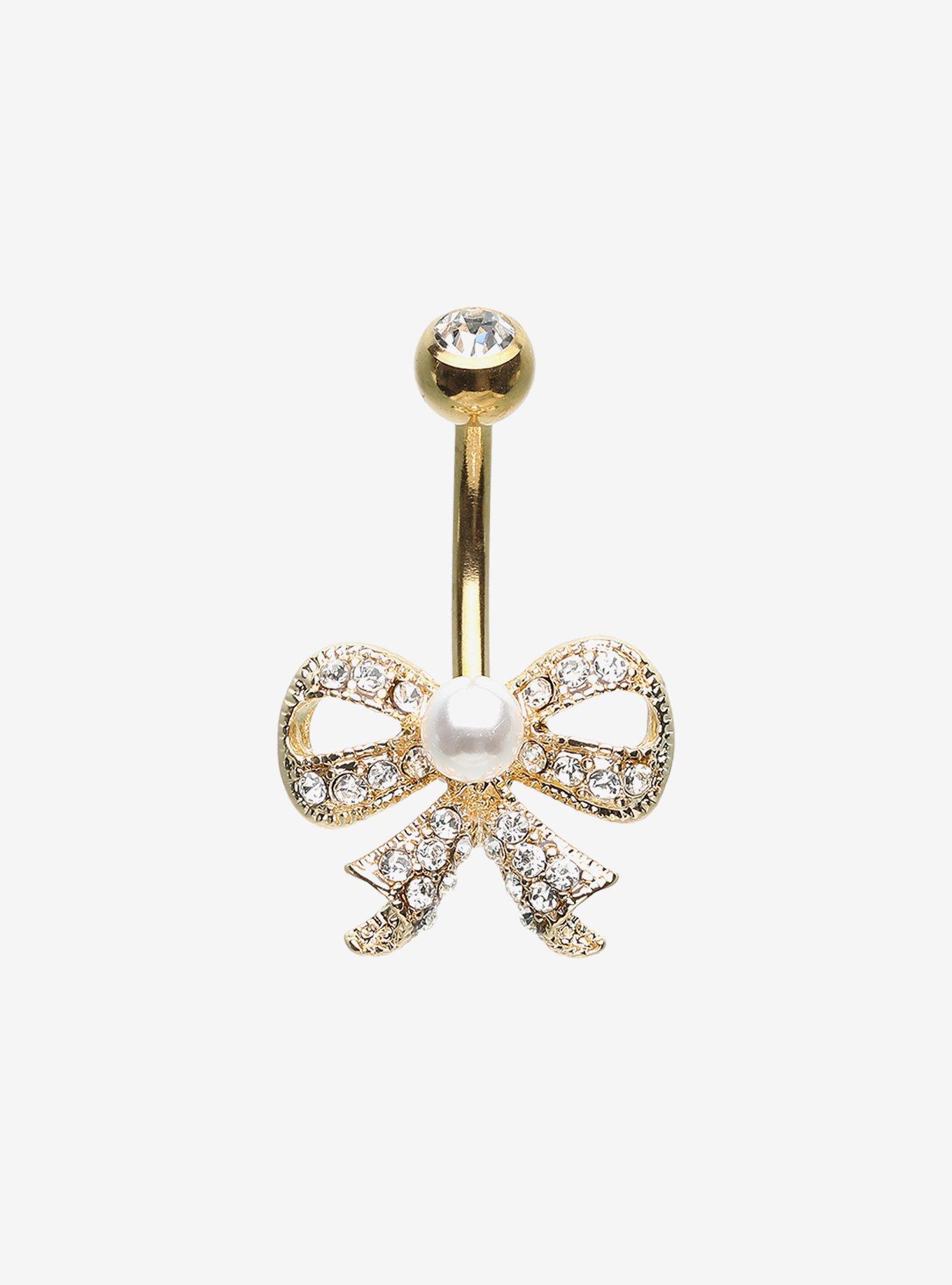 14G Steel Gold Gem & Pearl Bow Navel Barbell, , hi-res