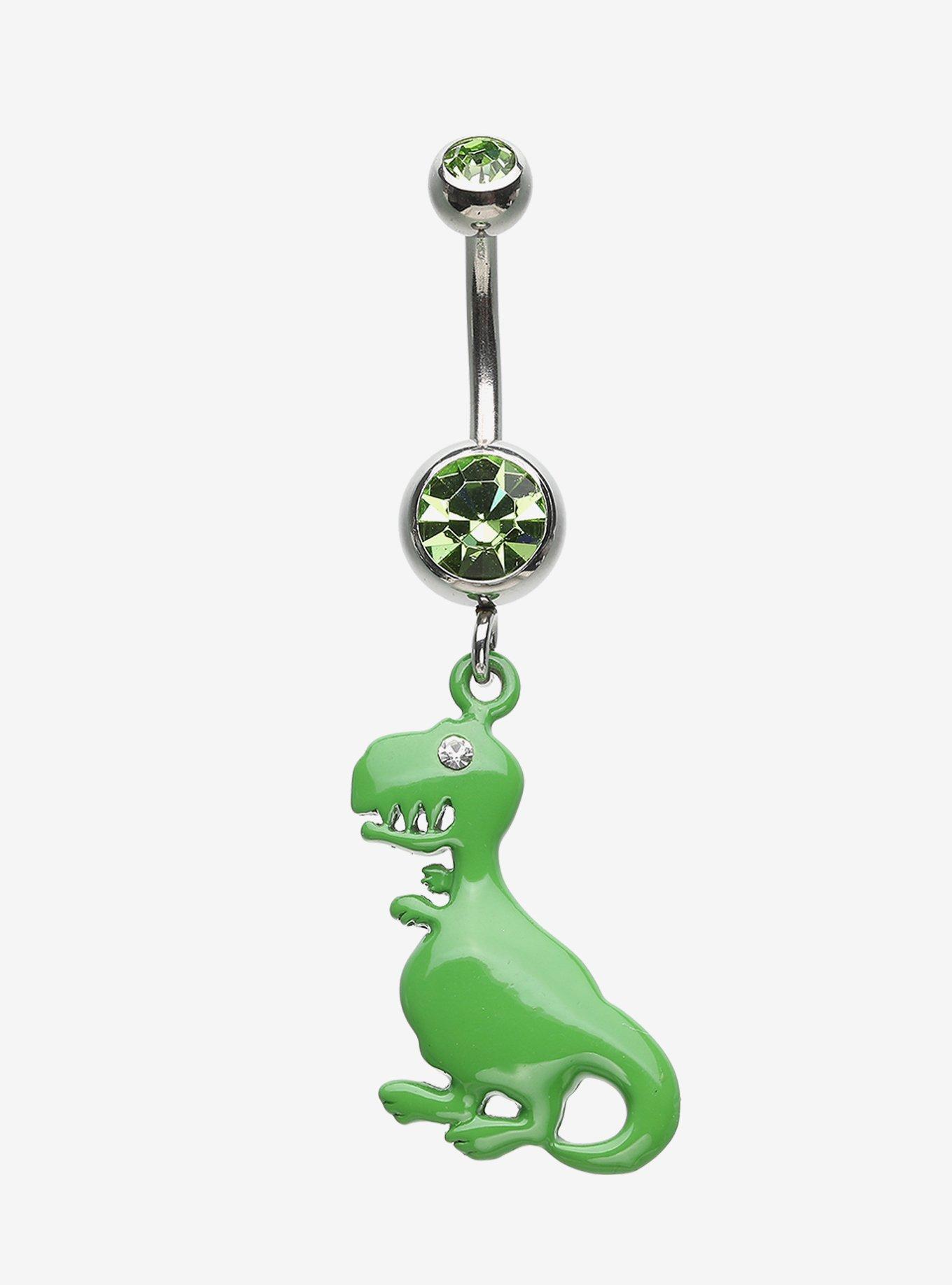14G Steel Silver Green Dinosaur Navel Barbell, , hi-res