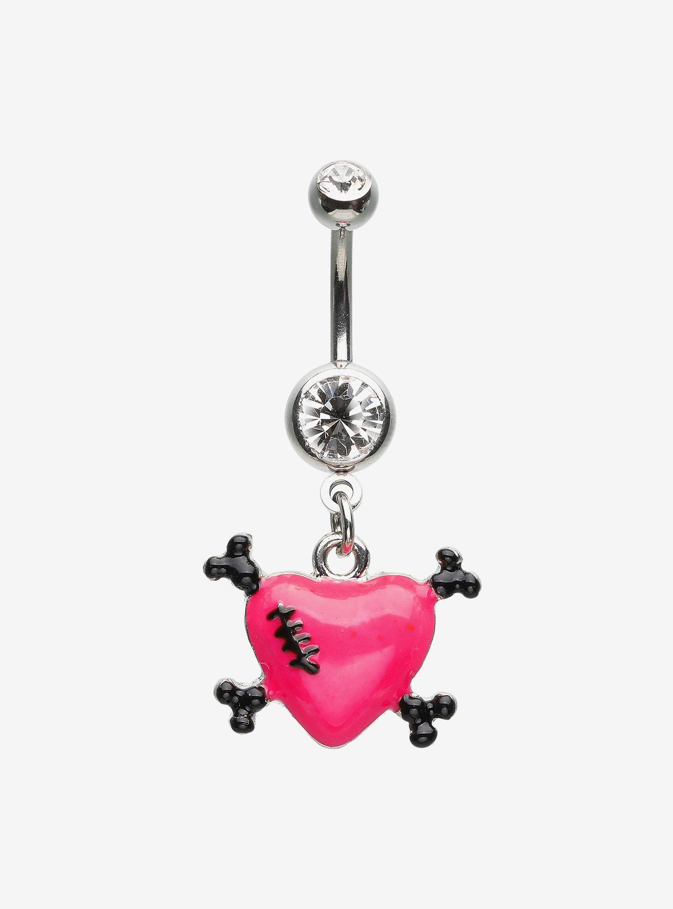 14G Steel Silver Heart & Crossbones Navel Barbell, , hi-res