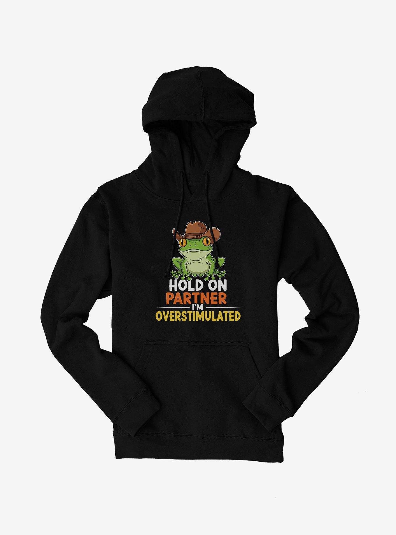 Hold On Partner I'm Overstimulated Hoodie, BLACK, hi-res