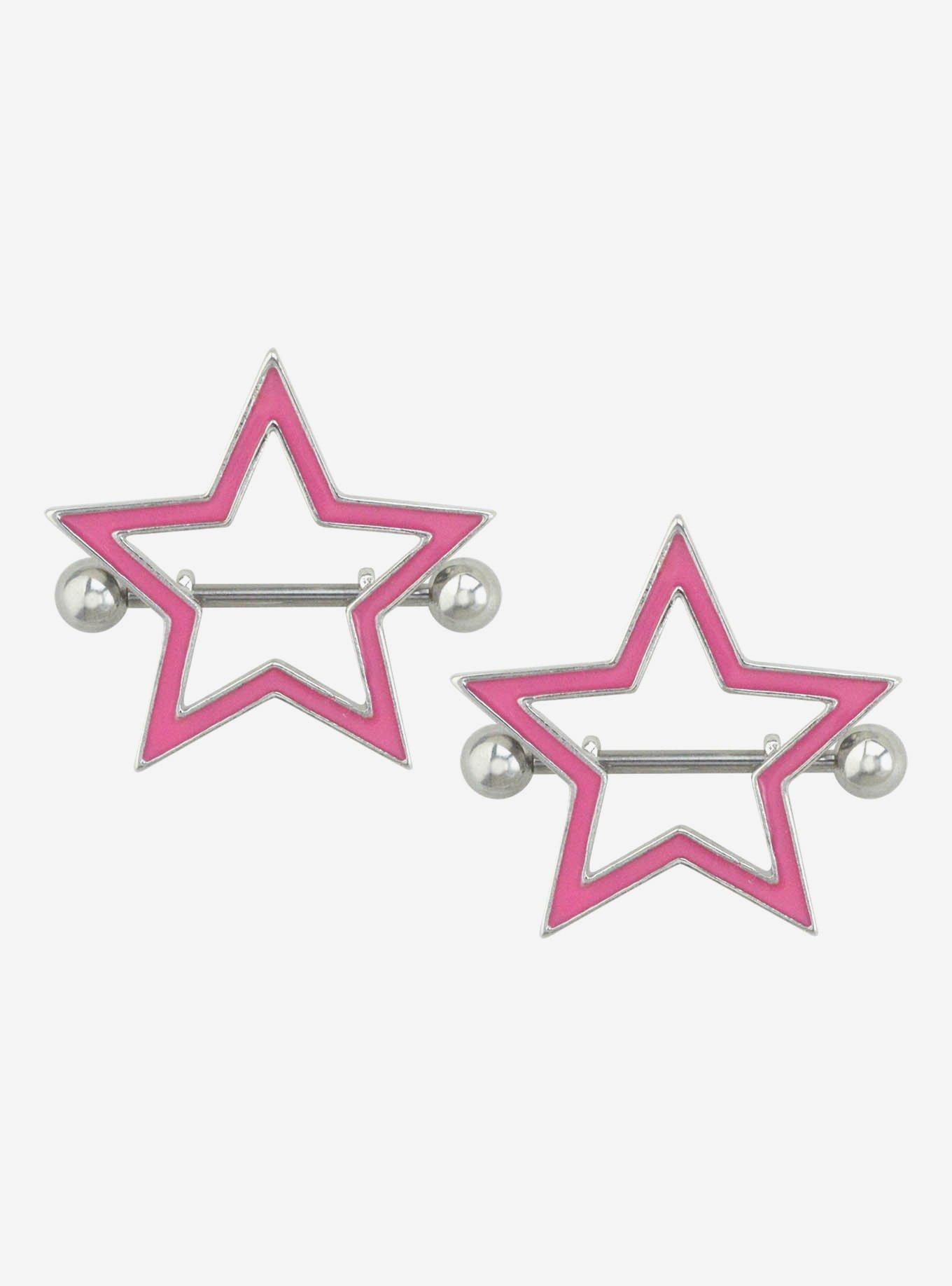 14G Steel Pink Star Nipple Barbell 2 Pack, , hi-res