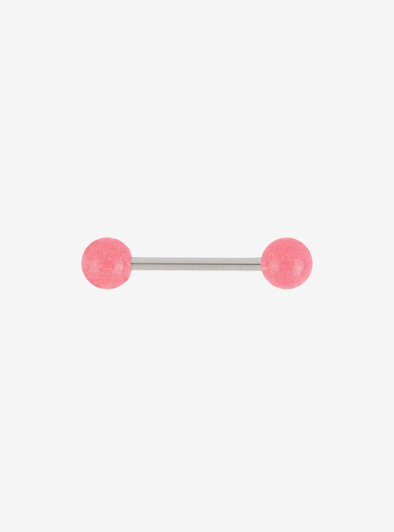 14G Steel Glittery Pink Tongue Barbell, , hi-res