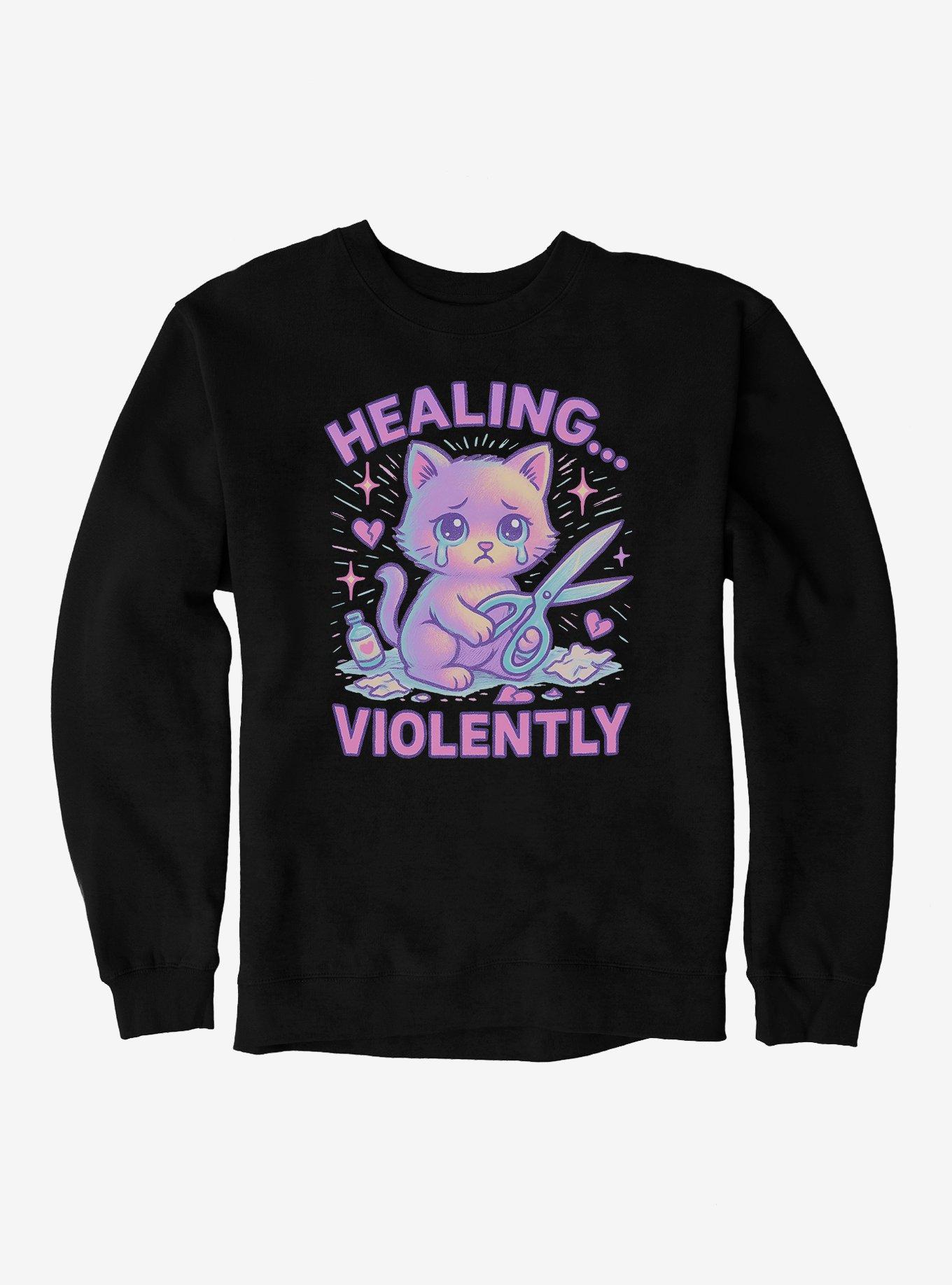 Healing Violently Cat Sweatshirt, BLACK, hi-res