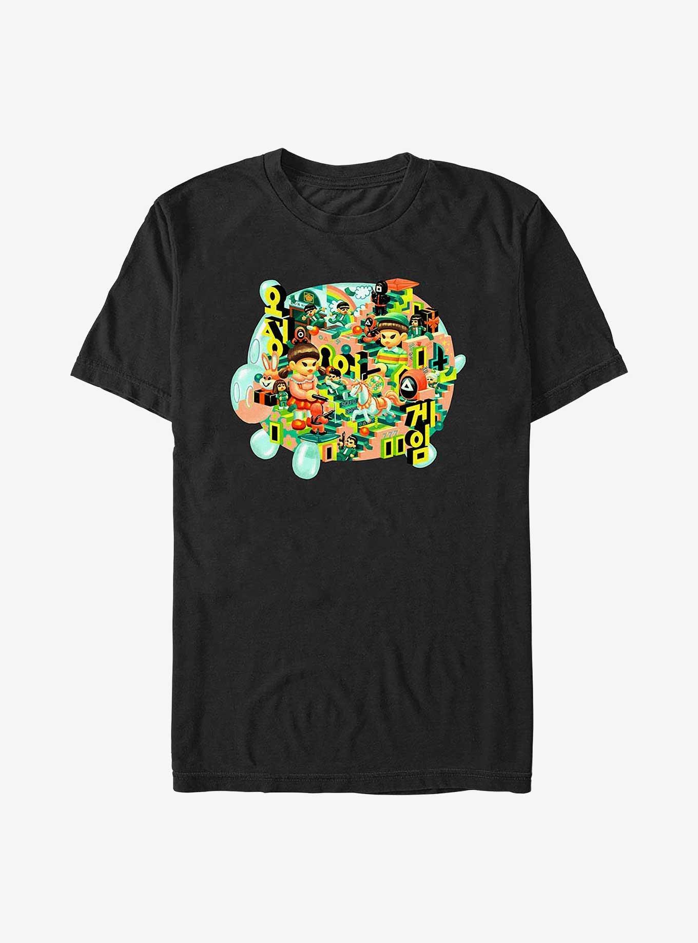 Squid Game Piggy Bank Labyrinth Collage T-Shirt, BLACK, hi-res