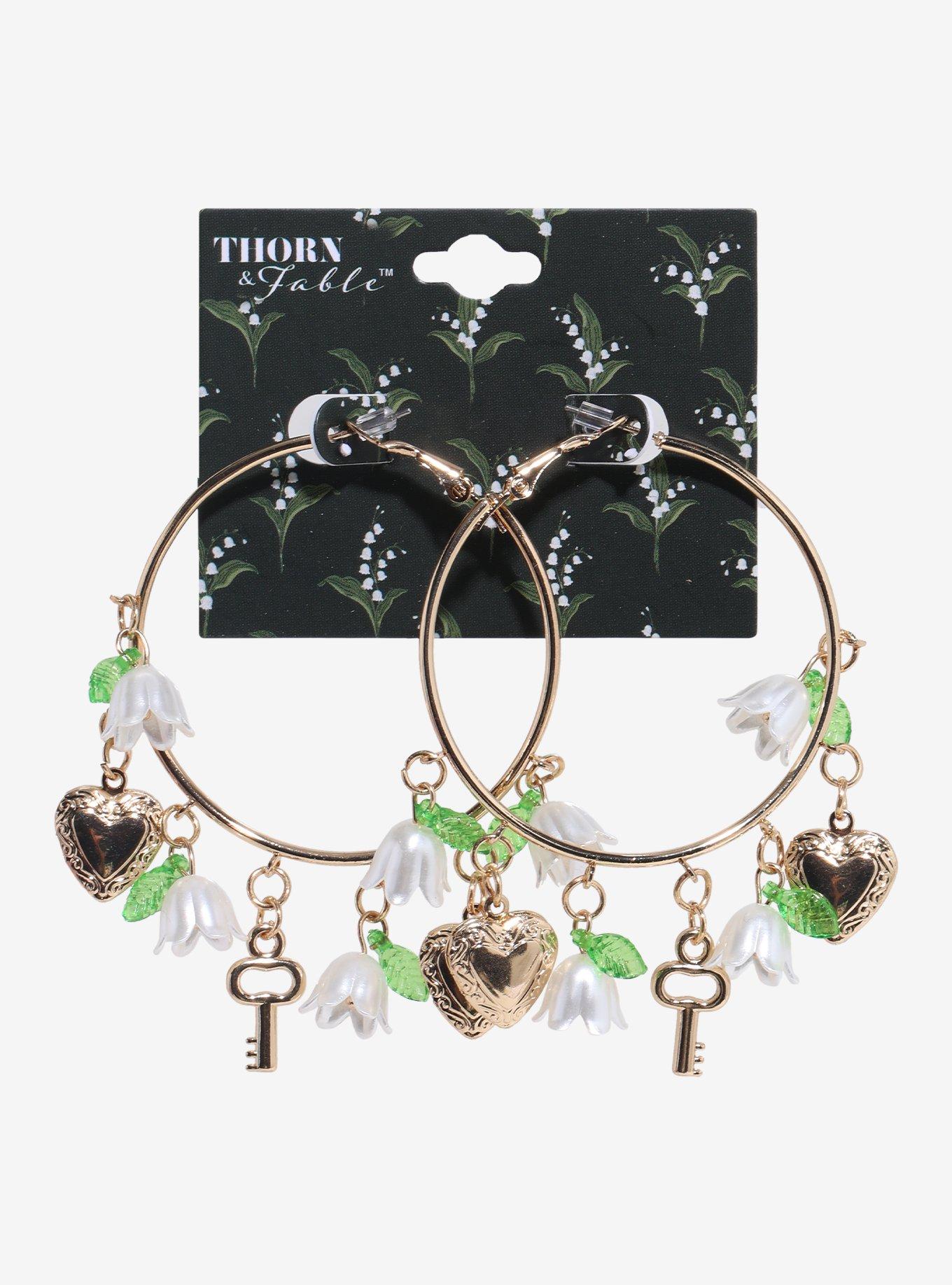 Thorn & Fable Floral Heart Key Hoop Earrings, , hi-res
