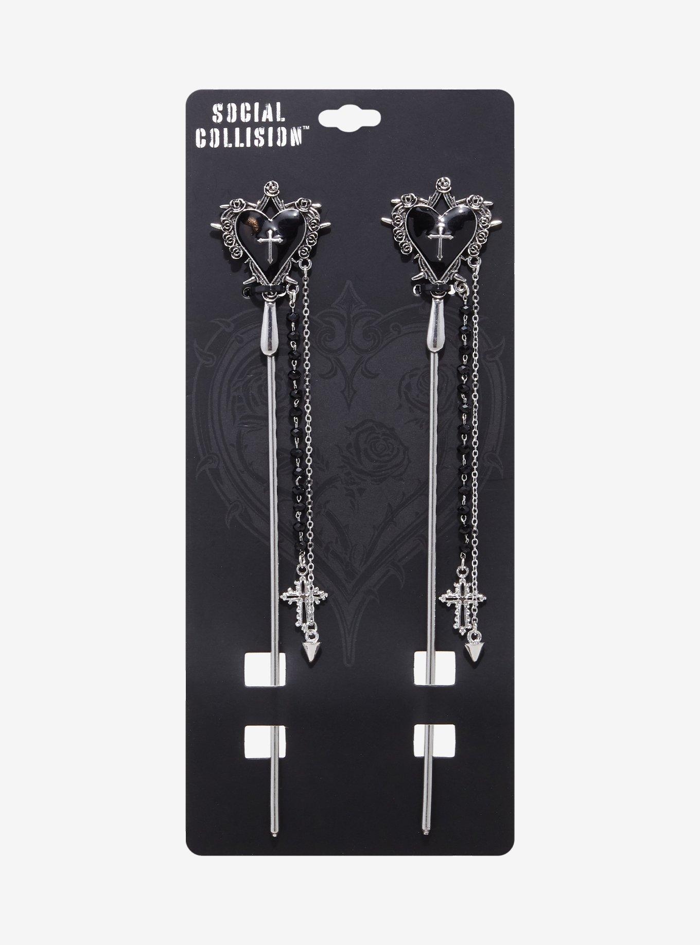 Social Collision Goth Heart Cross Hair Stick Set, , hi-res