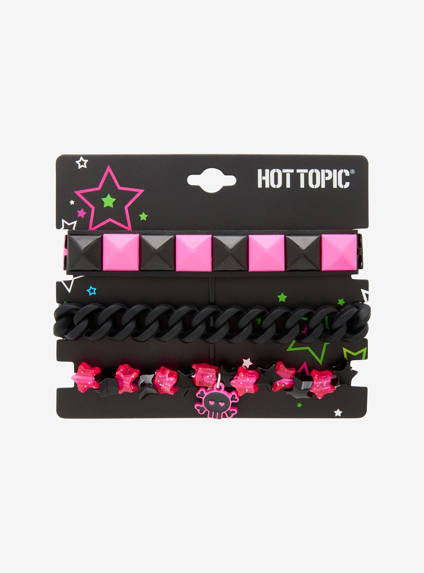 Pink & Black Star Skull Pyramid Stud Bracelet Set, , hi-res