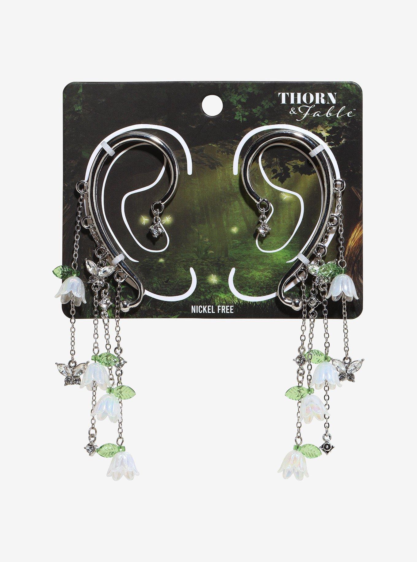 Thorn & Fable Butterfly Flower Drop Ear Cuff Set, , hi-res