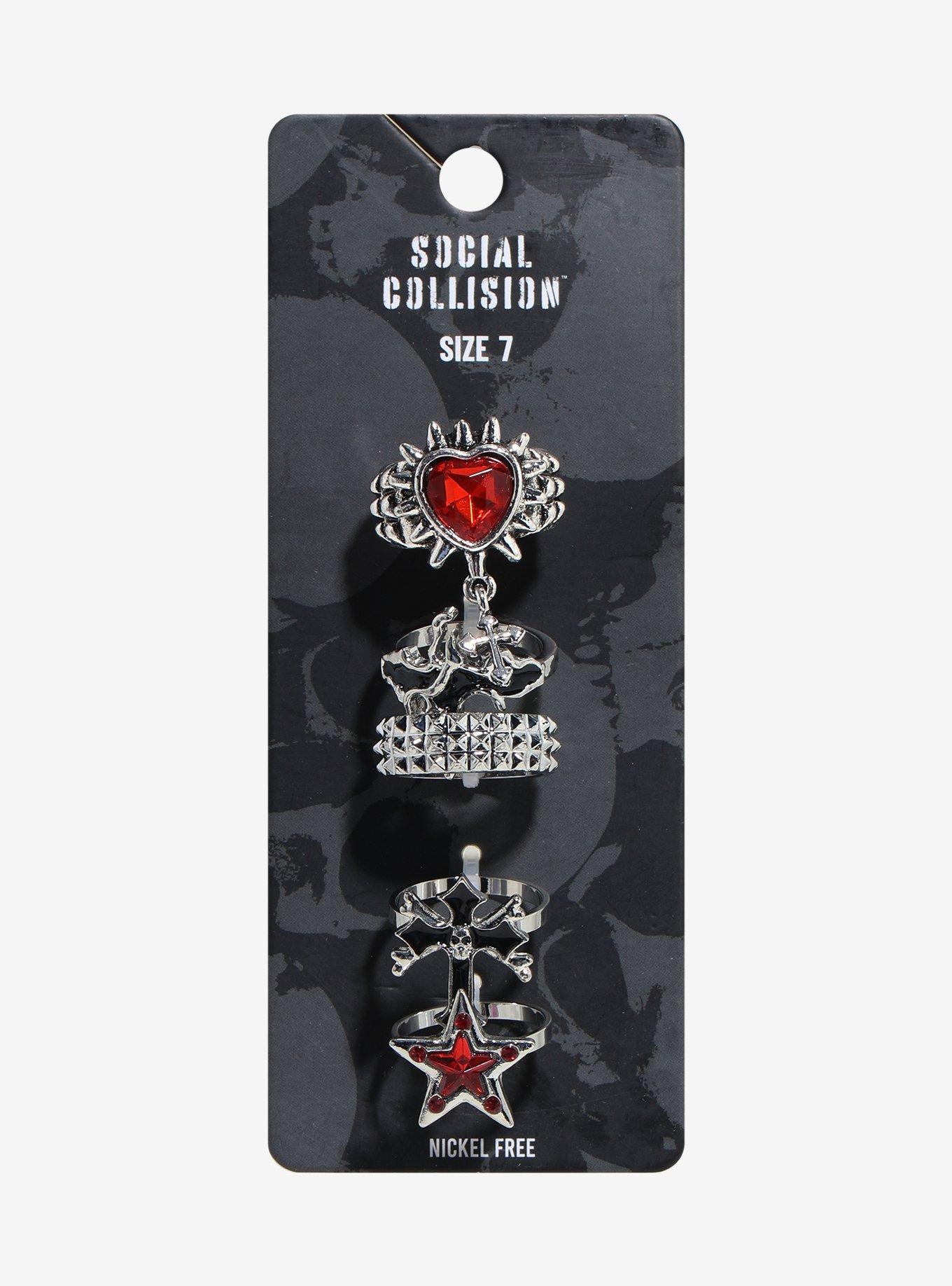 Social Collision Red Star & Heart Punk Ring Set, , hi-res