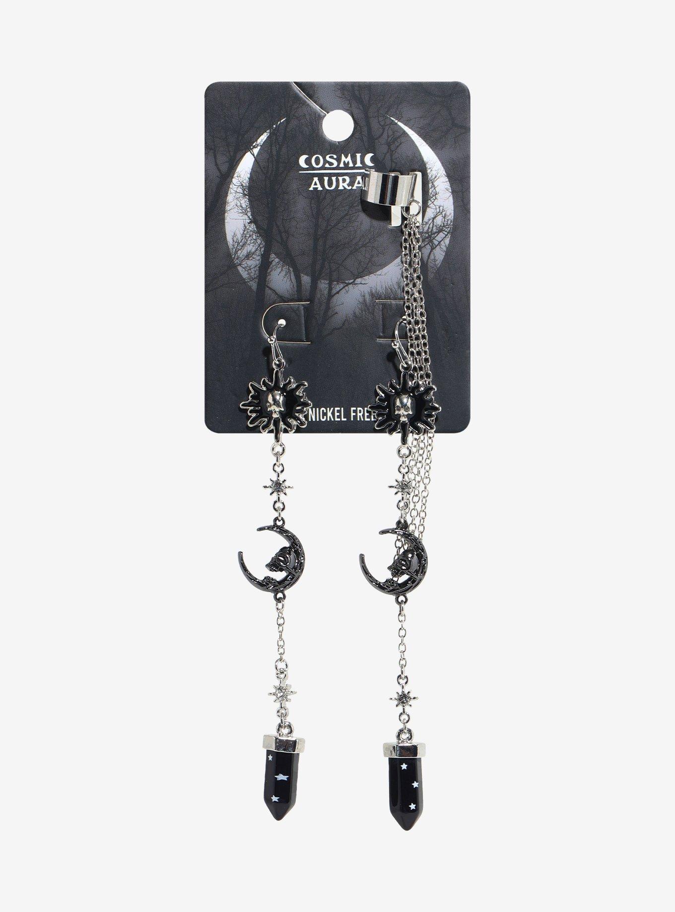 Cosmic Aura Skull Moon Cuff Drop Earrings, , hi-res