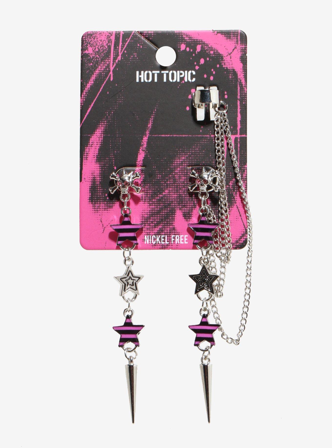 Pink & Black Stripe Star Skull Drop Earrings, , hi-res