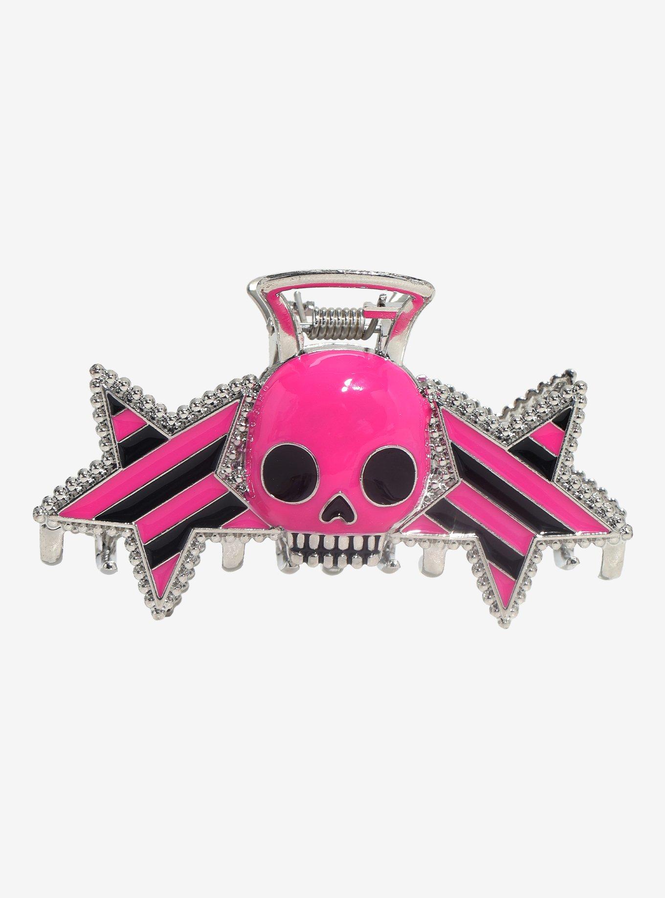 Pink & Black Skull & Star Claw Hair Clip, , hi-res