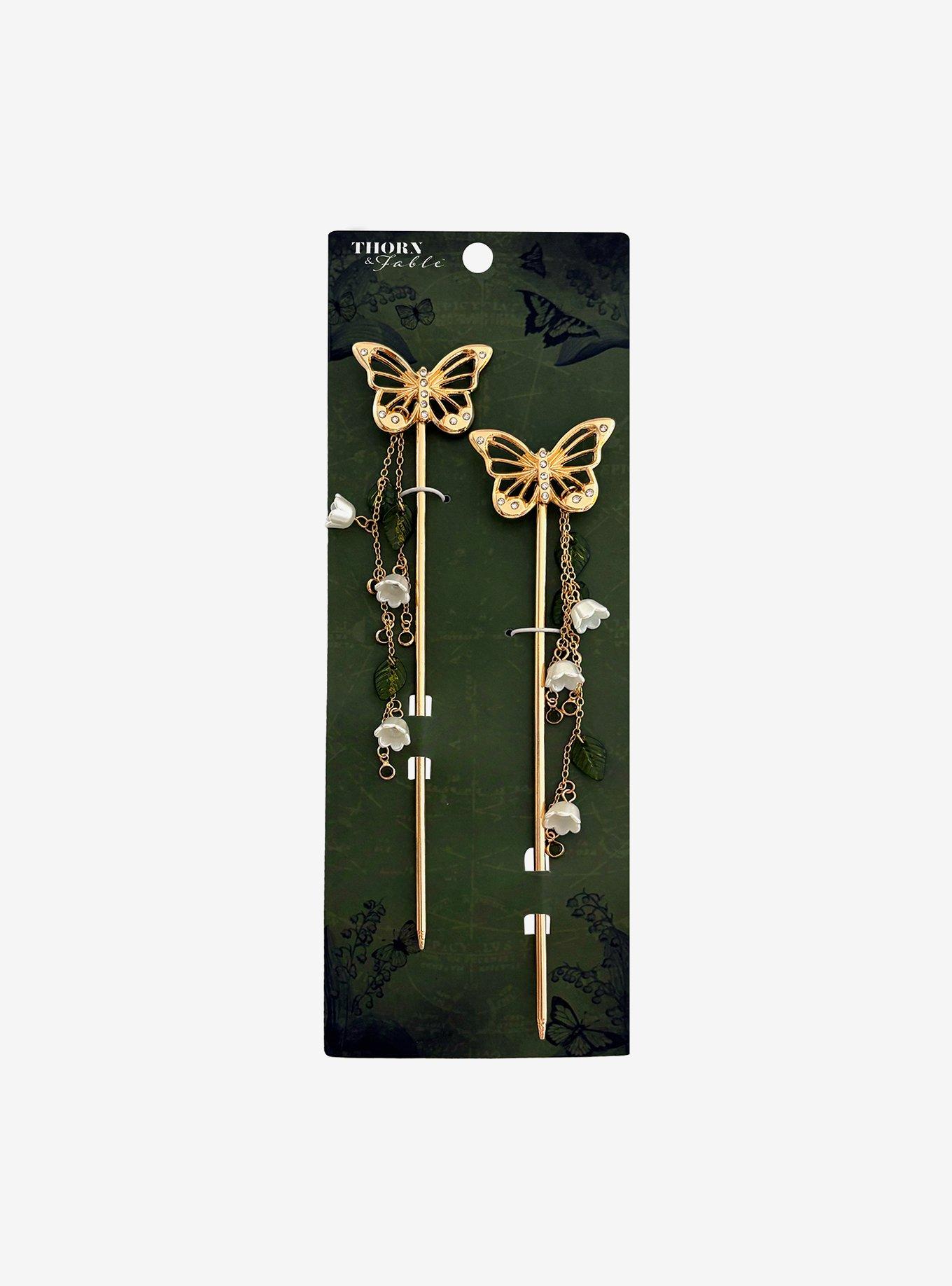 Thorn & Fable Floral Butterfly Hair Sticks, , hi-res