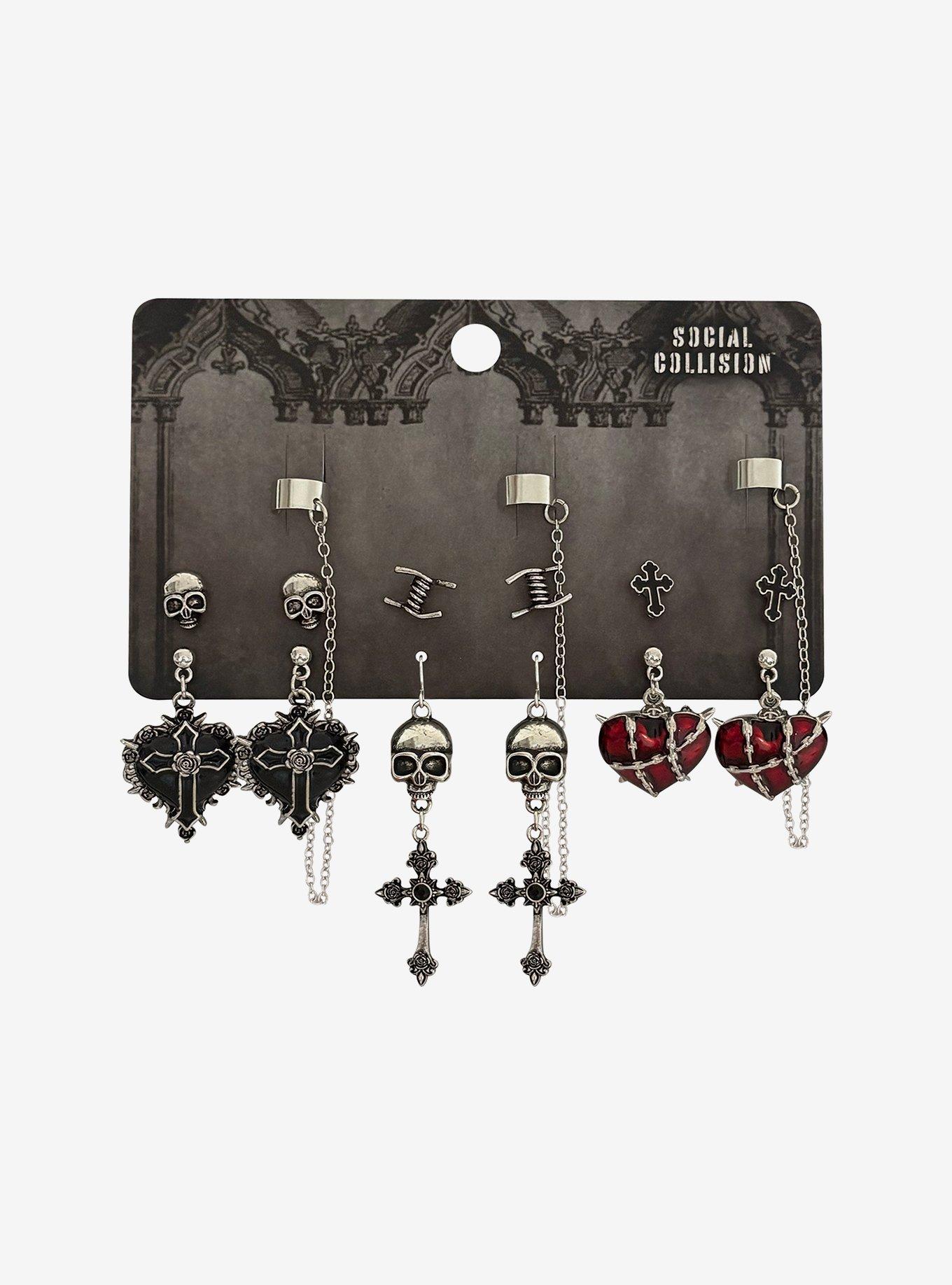 Social Collision Gothic Cross & Spiked Heart Stud & Cuff Earring Set, , hi-res