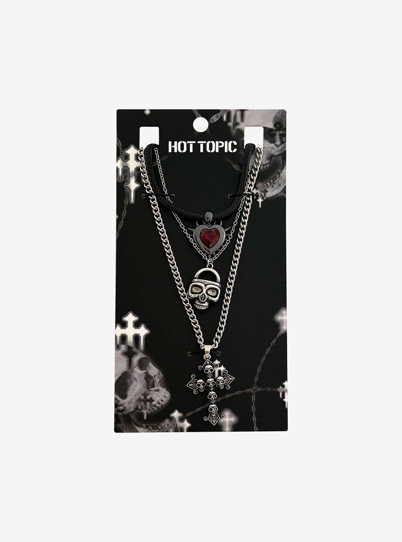 Skull Cross Spiked Heart Necklace Set, , hi-res