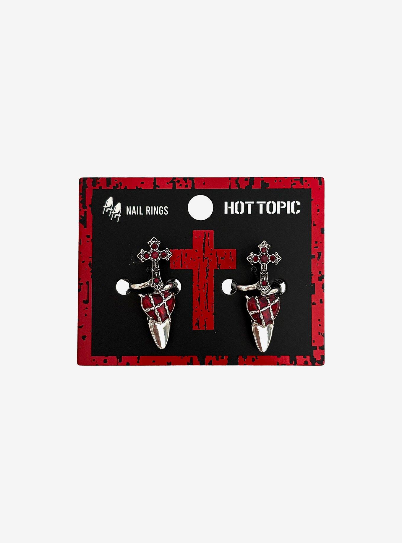 Gothic Cross & Barbed Wire Heart Nail Ring Set, , hi-res