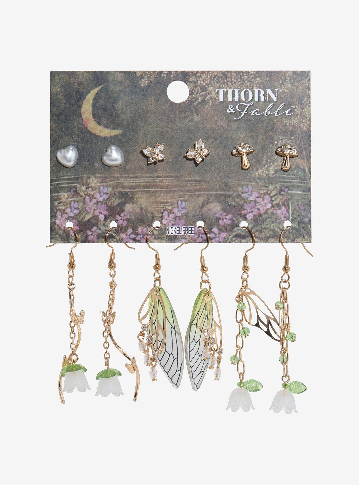 Thorn & Fable Green Floral Butterfly Earring Set, , hi-res