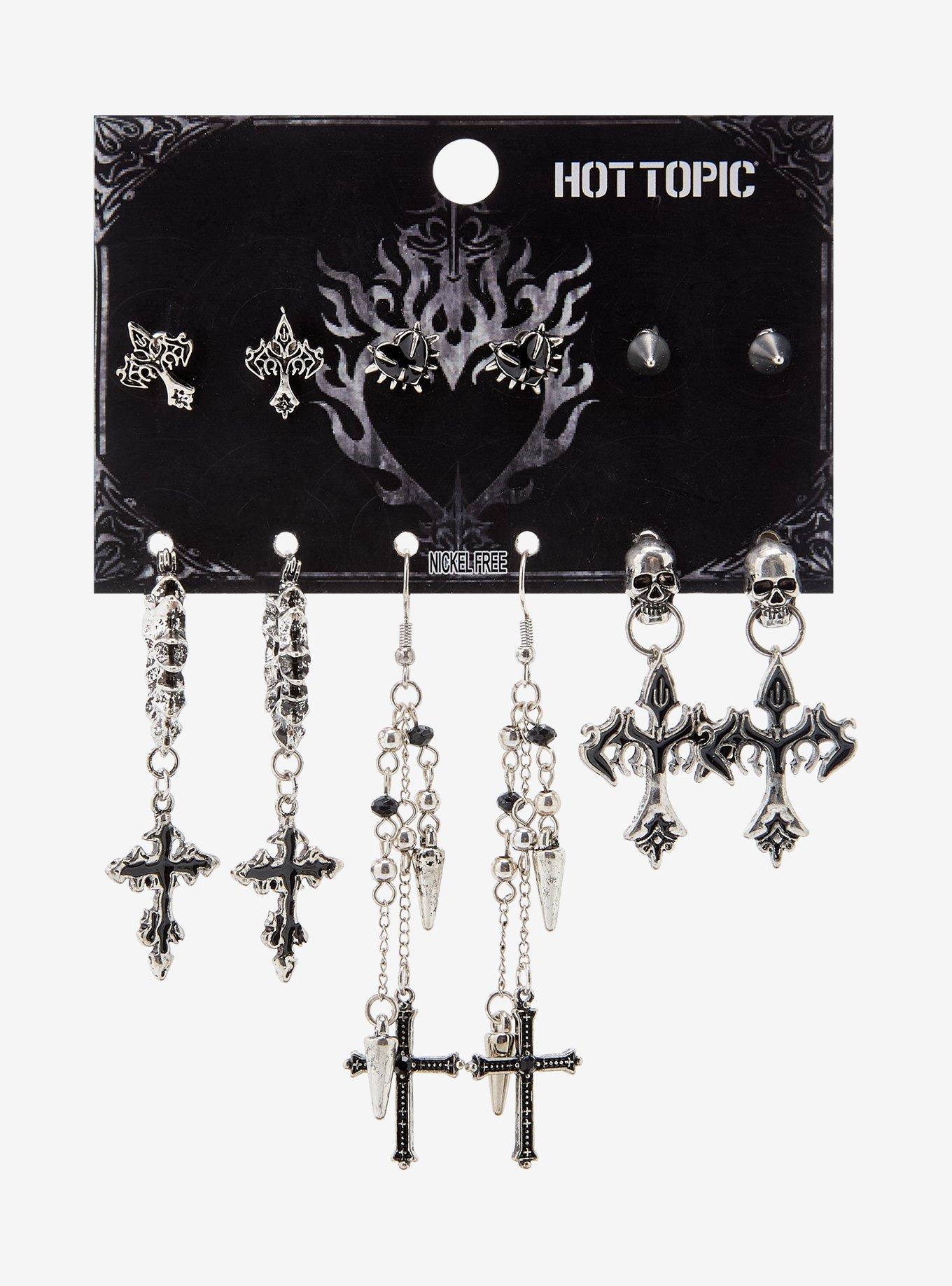 Gothic Cross Spike Heart Earring Set, , hi-res