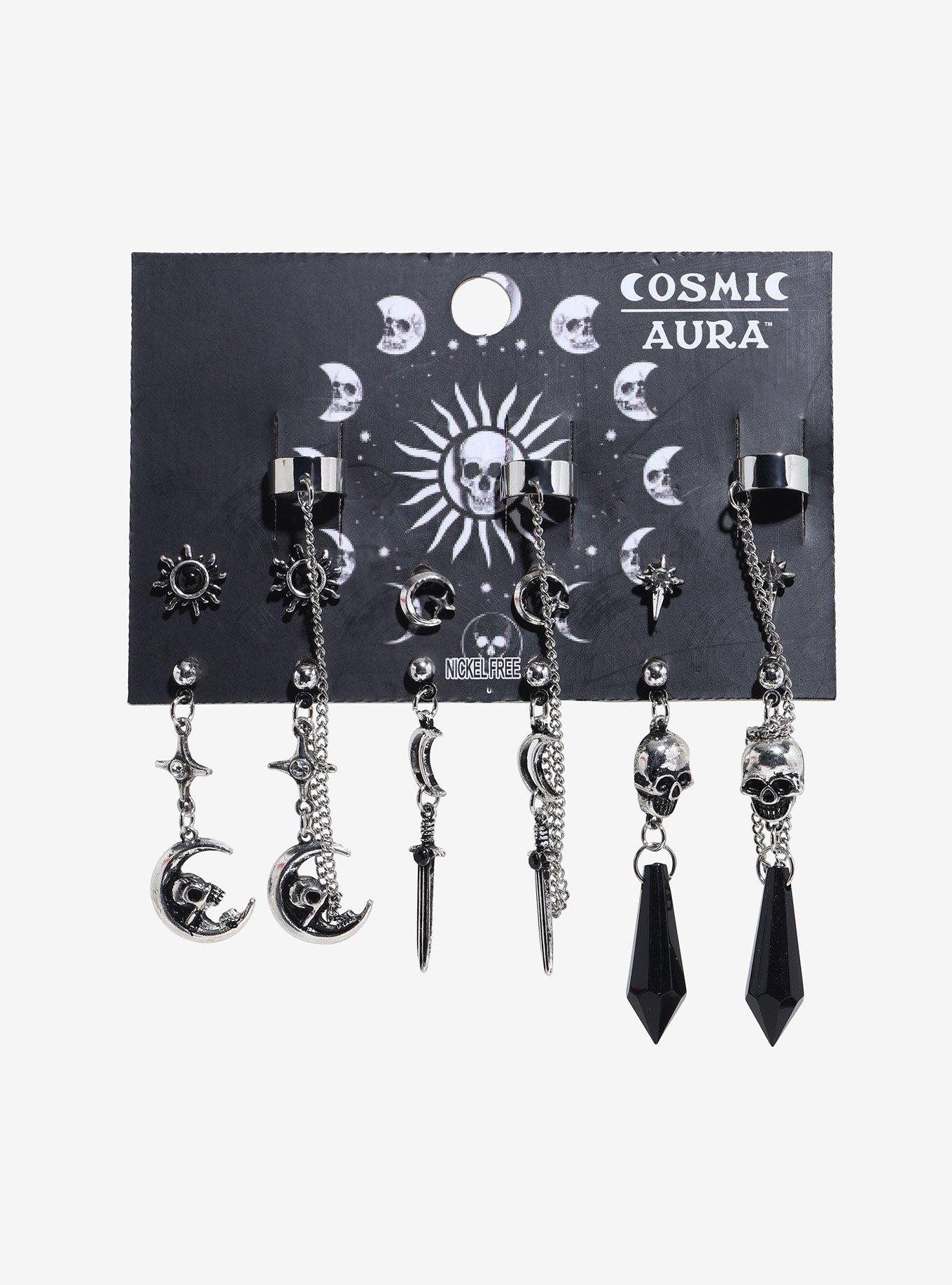 Cosmic Aura Skull Moon Cuff Earring Set, , hi-res