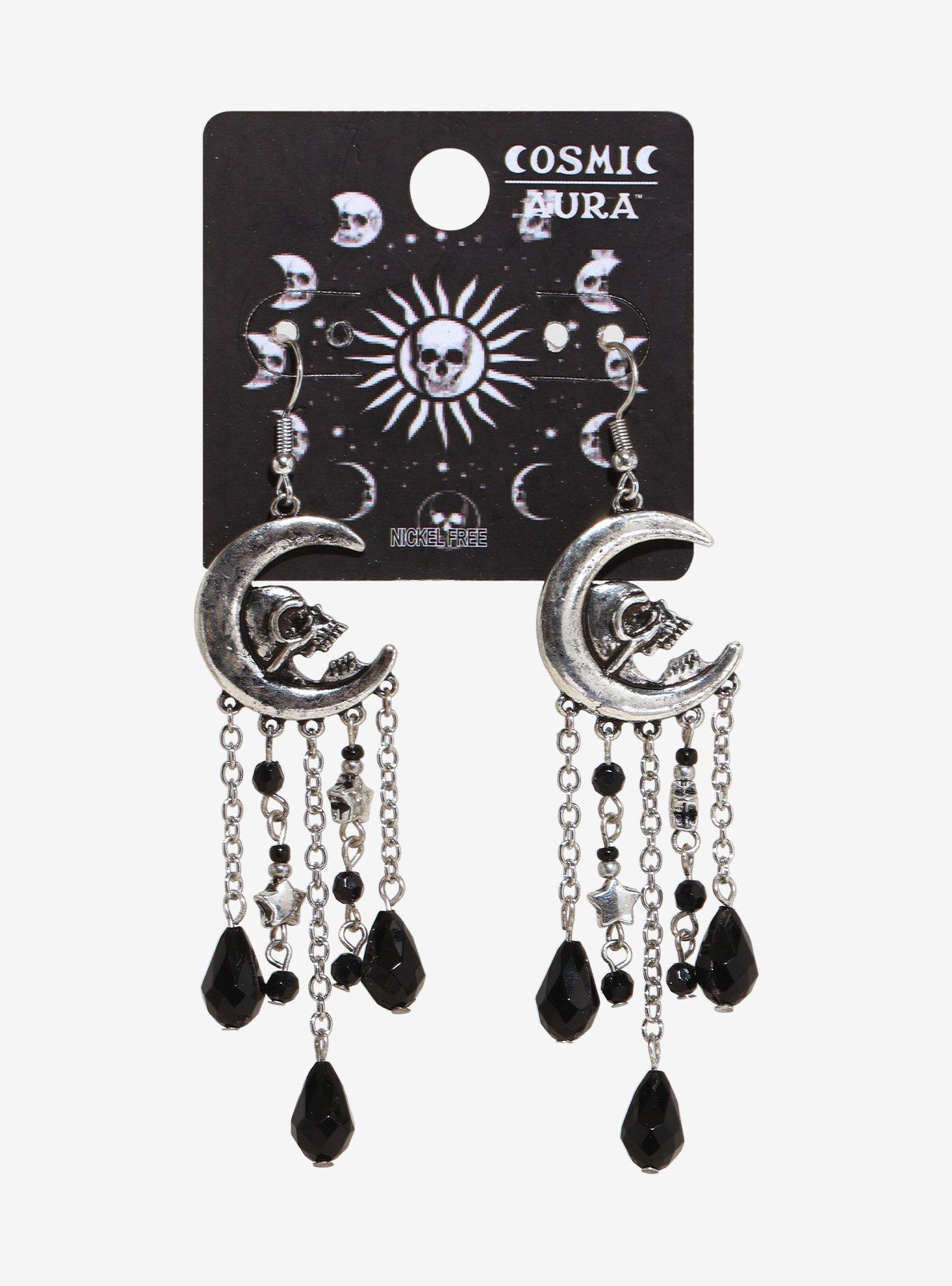 Cosmic Aura Skull Moon Gem Drop Earrings, , hi-res