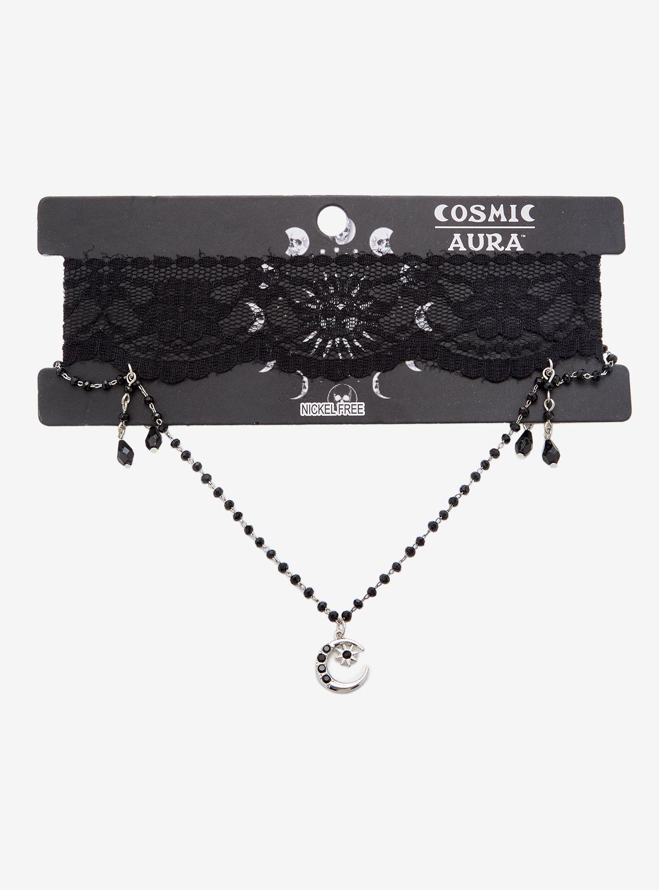 Cosmic Aura Black Lace Celestial Draped Charm Choker, , hi-res