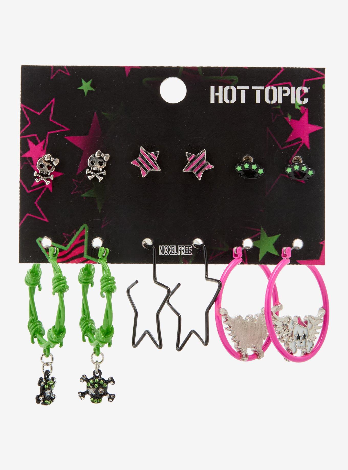 Black & Neon Skull Star Barbed Wire Earring Set, , hi-res
