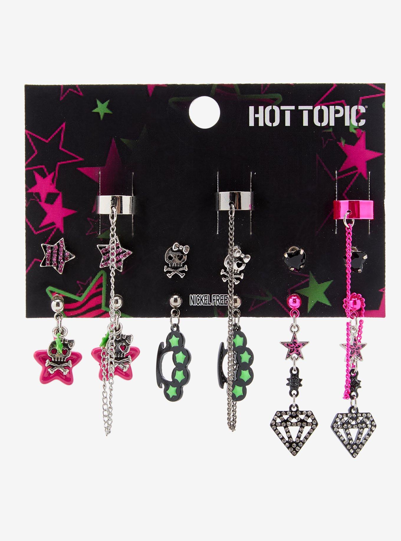 Neon Green & Pink Skull Diamond Star Cuff Earring Set, , hi-res