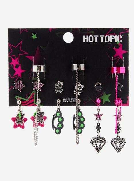 Neon Green & Pink Skull Diamond Star Cuff Earring Set | Hot Topic