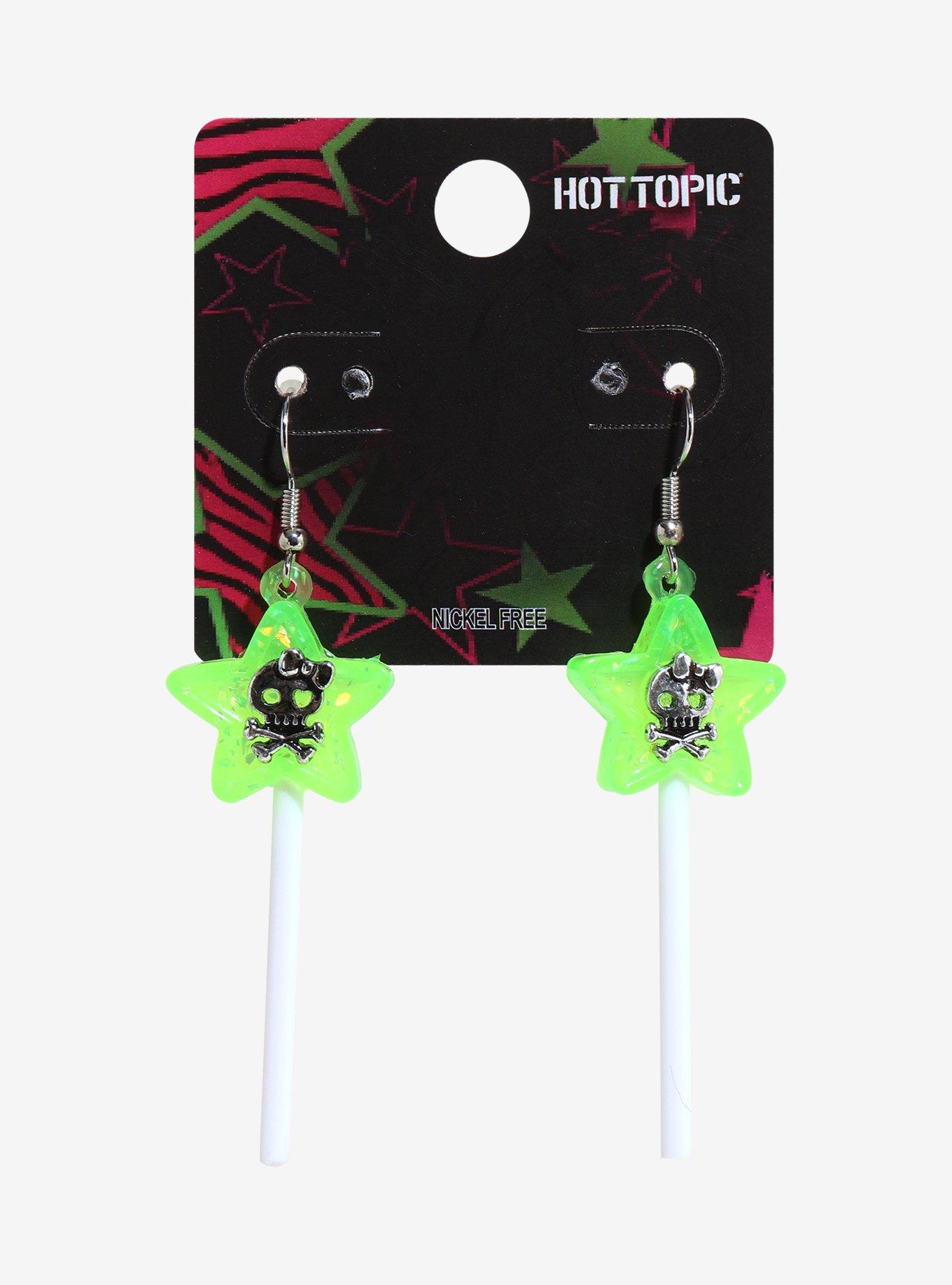 Neon Green Skull Star Lollipop Earrings, , hi-res