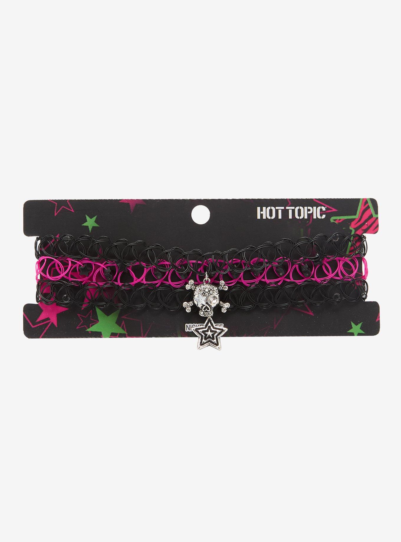 Neon Pink Skull Star Tattoo Choker Set, , hi-res