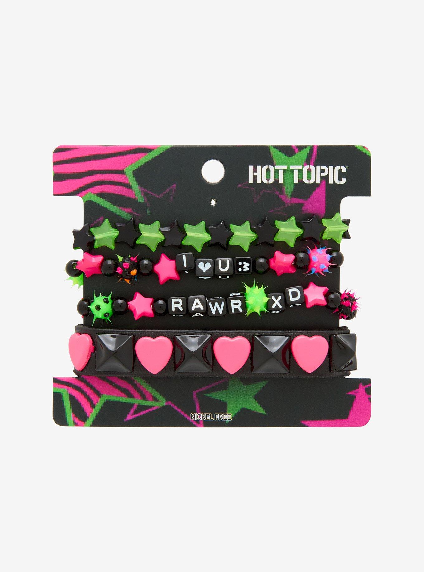 Neon Pink & Green Rawr Star Heart Bracelet Set