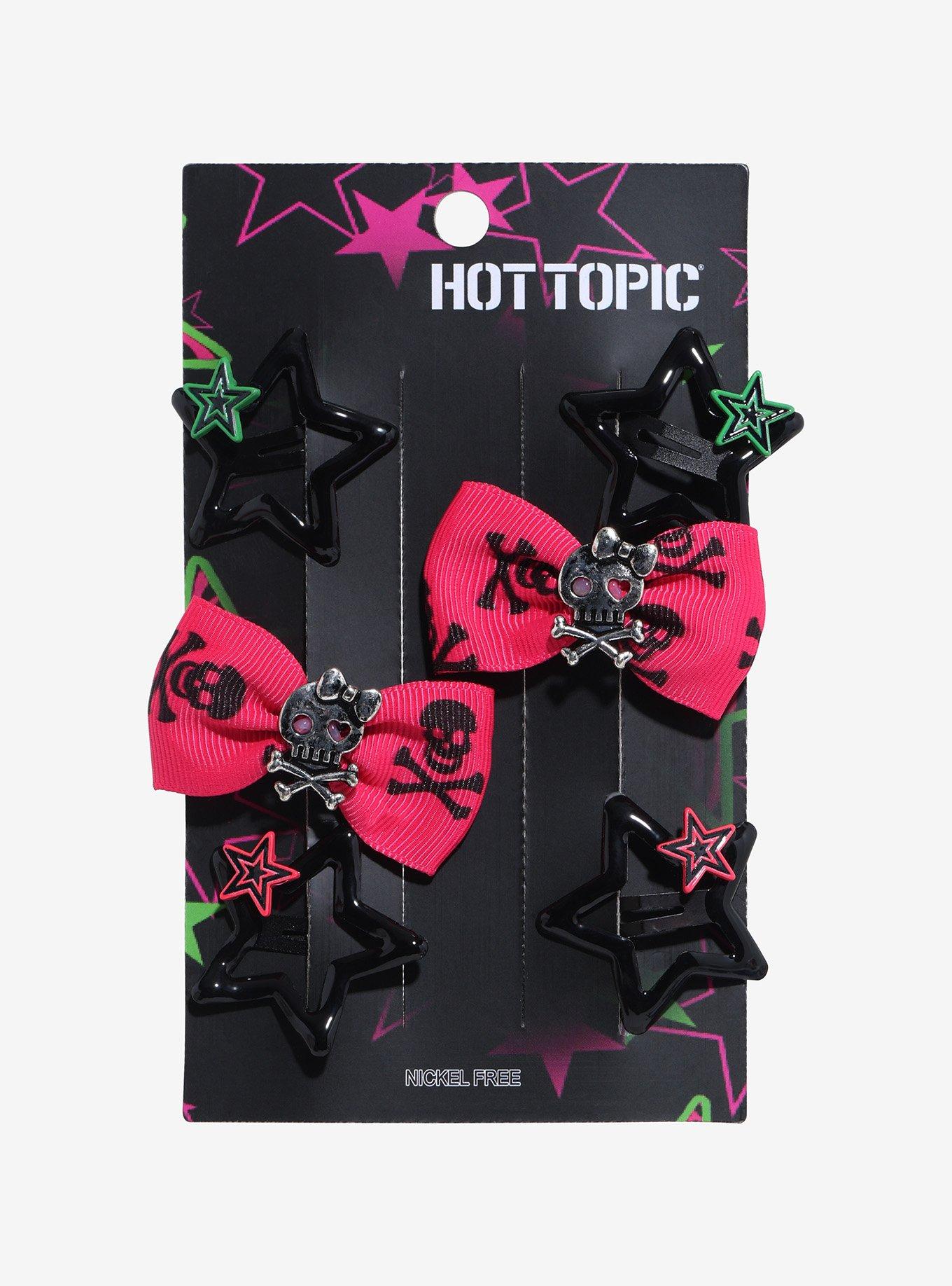 Emo Neon Star Skull Bow Hair Clip Set, , hi-res